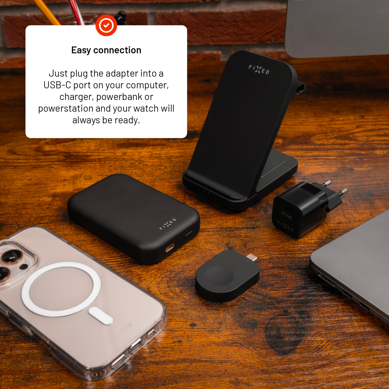 Nabíjecí USB-C adaptér FIXED pro Apple Watch kompatibilní s Powerstation Uni, černý