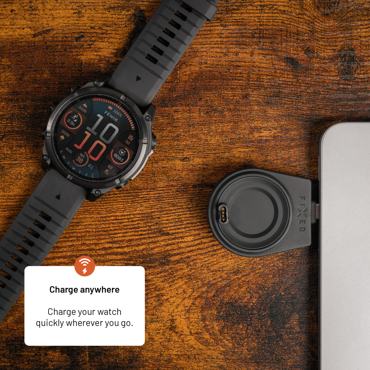 Nabíjecí USB-C adaptér FIXED pro smartwatch Garmin Fenix 5/6/7/7X/8, Epix, Venu 2/3/3S, Vívoactive 3/4/5, černý
