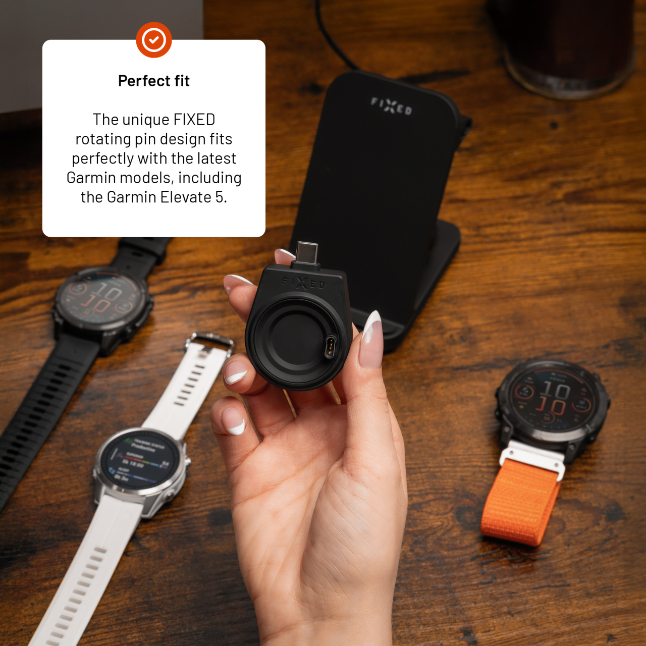 Nabíjecí USB-C adaptér pro smartwatch Garmin Fenix 5/6/7/7X/8, Epix, Venu 2/3/3S, Vívoactive 3/4/5 - Fixed, černý