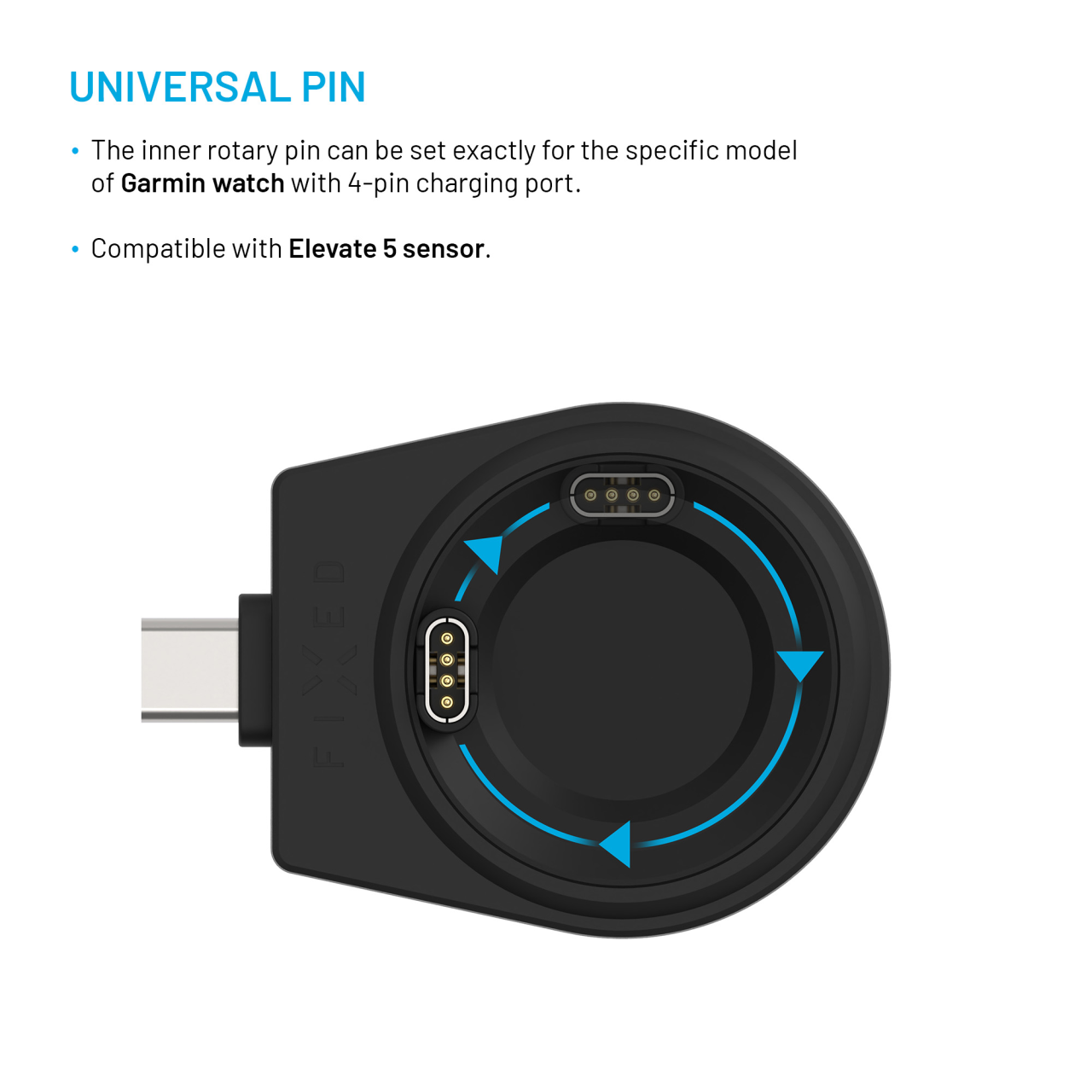 Nabíjecí USB-C adaptér FIXED pro smartwatch Garmin Fenix 5/6/7/7X/8, Epix, Venu 2/3/3S, Vívoactive 3/4/5, černý