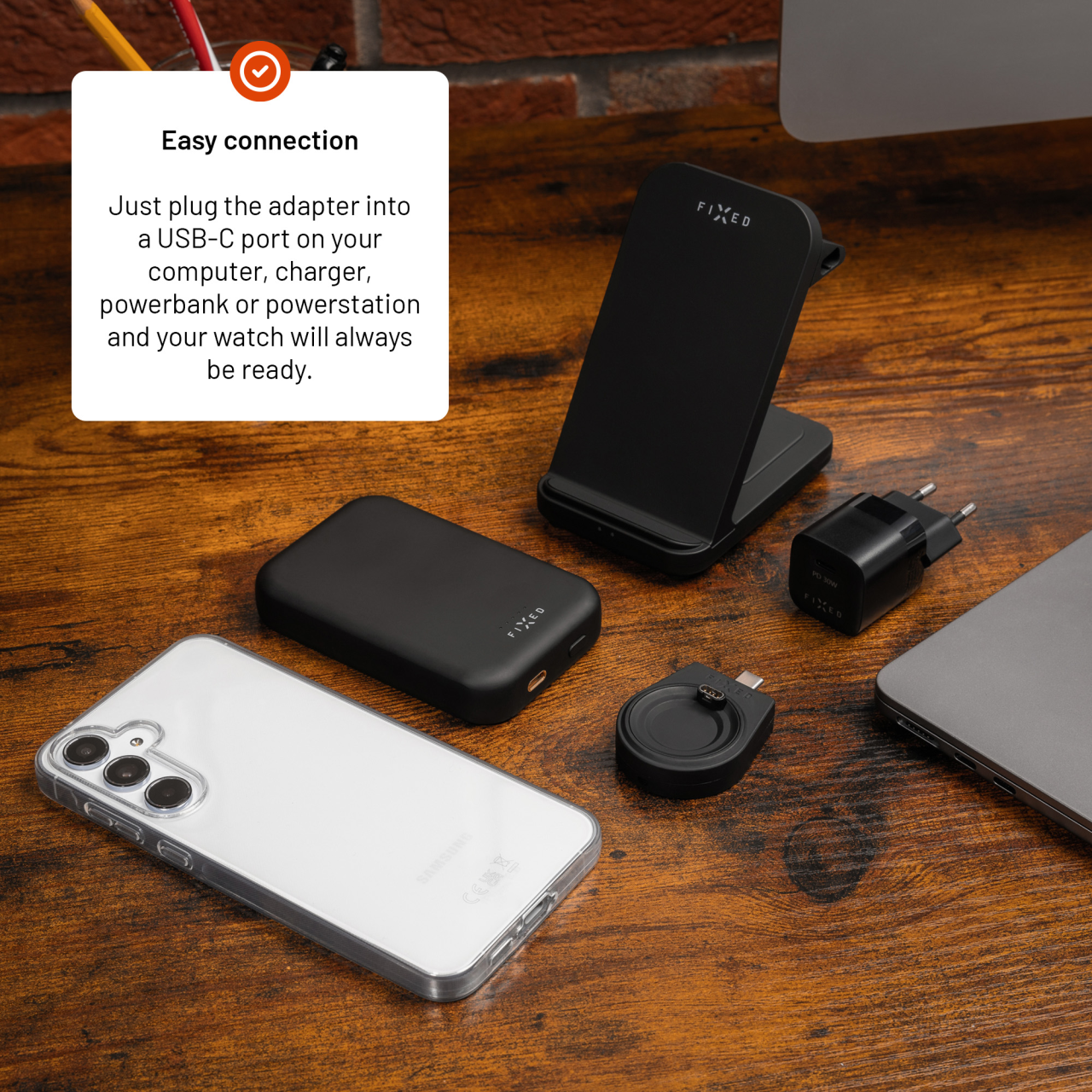 Nabíjecí USB-C adaptér FIXED pro smartwatch Garmin Fenix 5/6/7/7X/8, Epix, Venu 2/3/3S, Vívoactive 3/4/5, černý