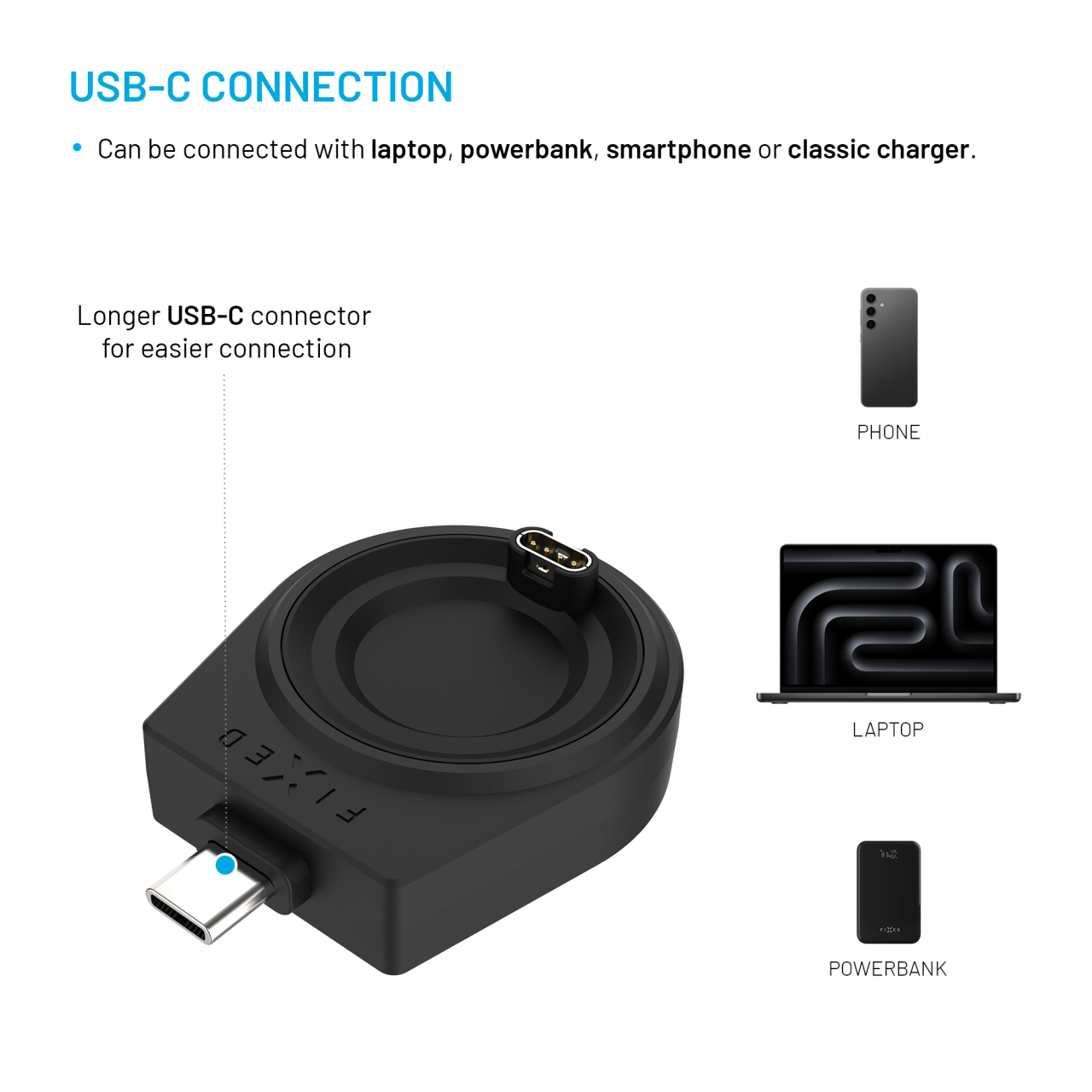 Nabíjecí USB-C adaptér FIXED pro smartwatch Garmin Fenix 5/6/7/7X/8, Epix, Venu 2/3/3S, Vívoactive 3/4/5, černý