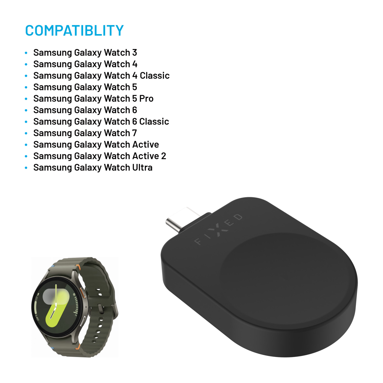 Nabíjecí USB-C adaptér FIXED pro Samsung Galaxy Watch kompatibilní s Powerstation Uni, černý