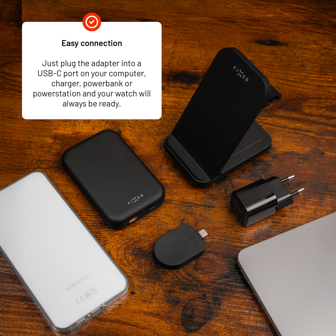 Nabíjecí USB-C adaptér FIXED pro Samsung Galaxy Watch kompatibilní s Powerstation Uni, černý