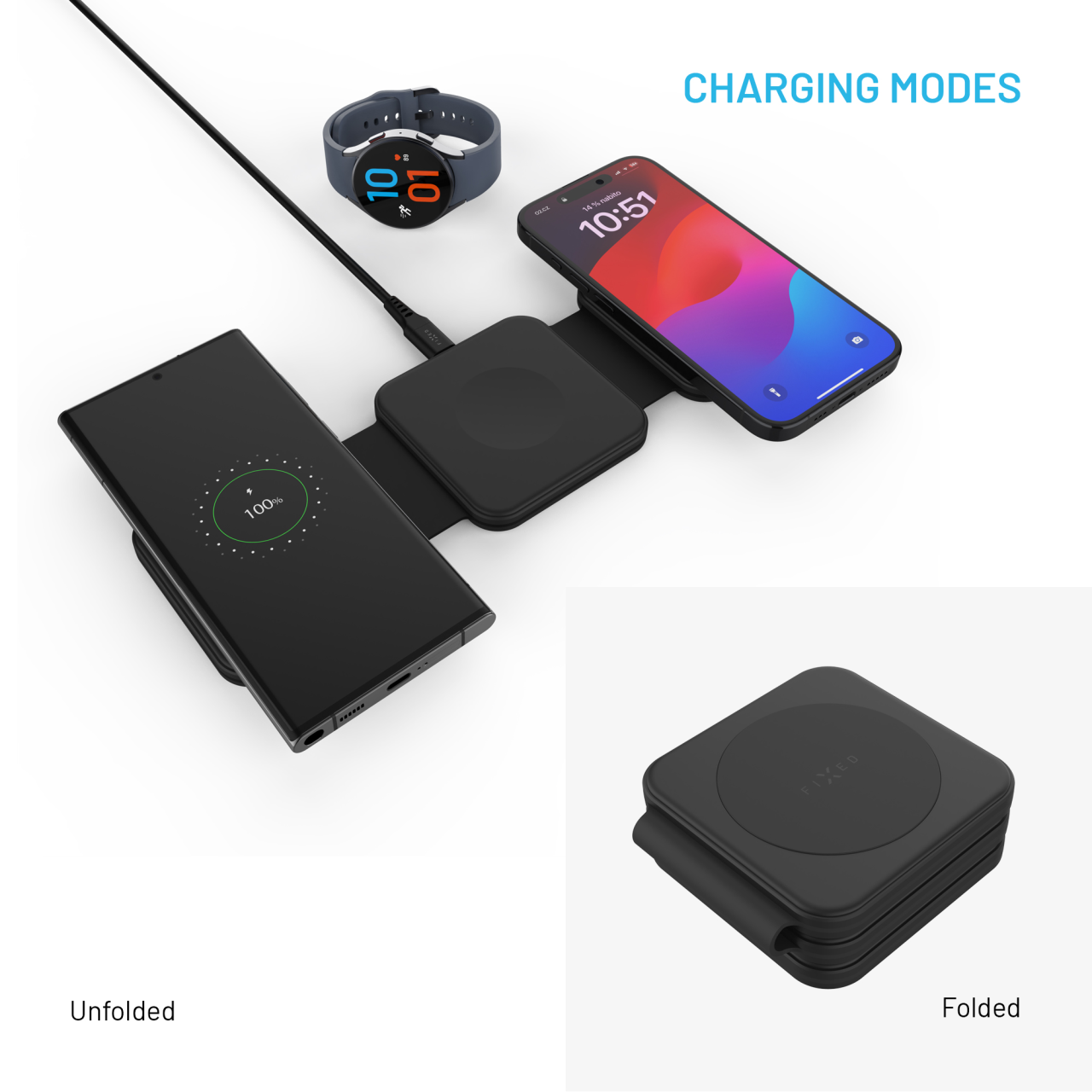 FIXED Bezdrátová skládací nabíječka 3v1 Flex for Samsung, 15W+3W+15W, černá