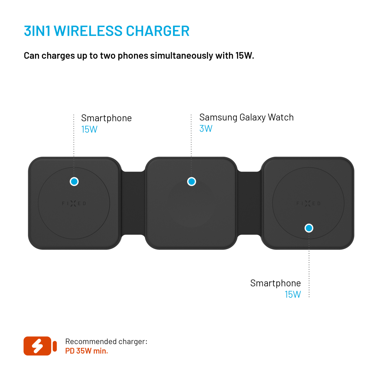 FIXED Bezdrátová skládací nabíječka 3v1 Flex for Samsung, 15W+3W+15W, černá