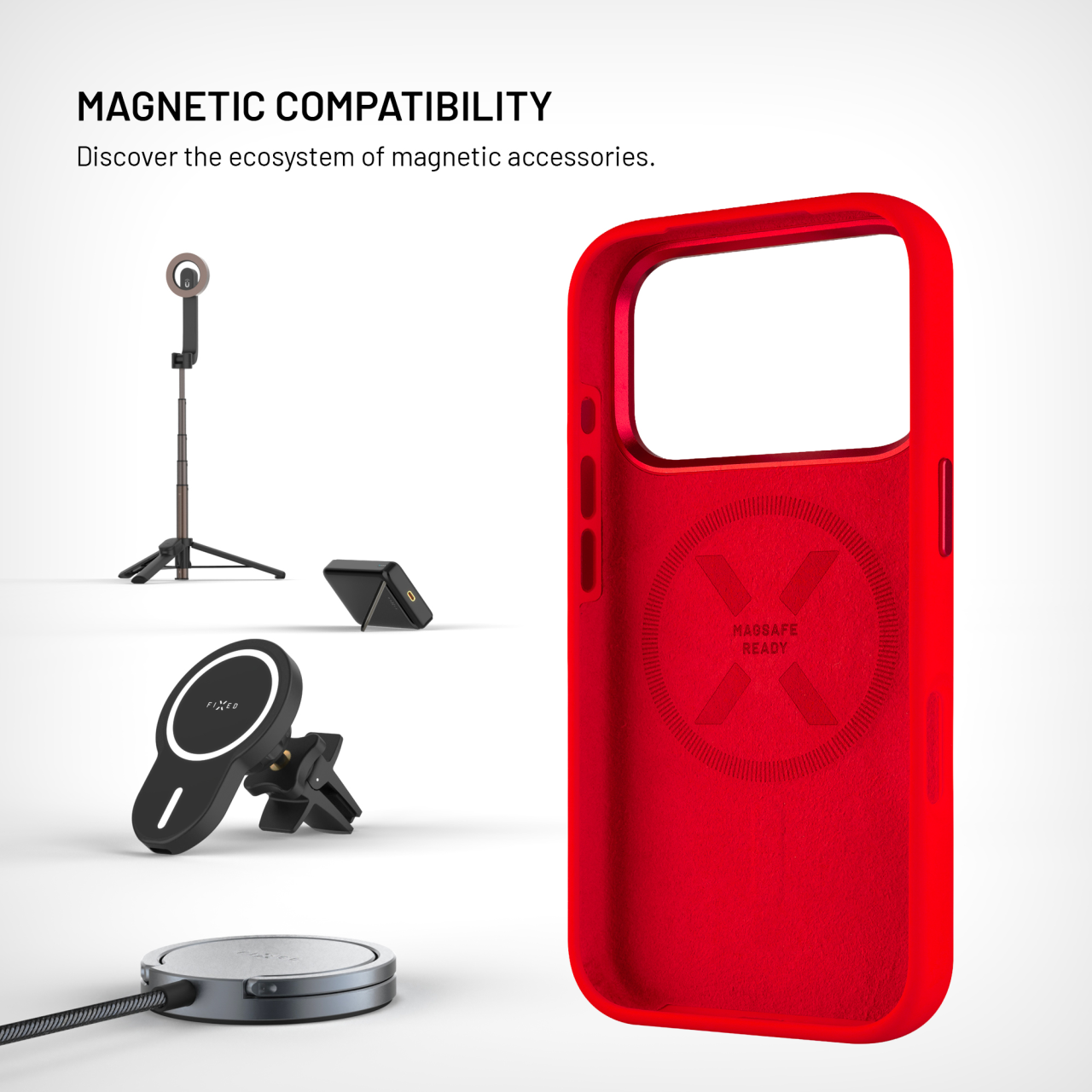 FIXED Zadní kryt MagFlow s podporou MagSafe pro Apple iPhone 16, červený