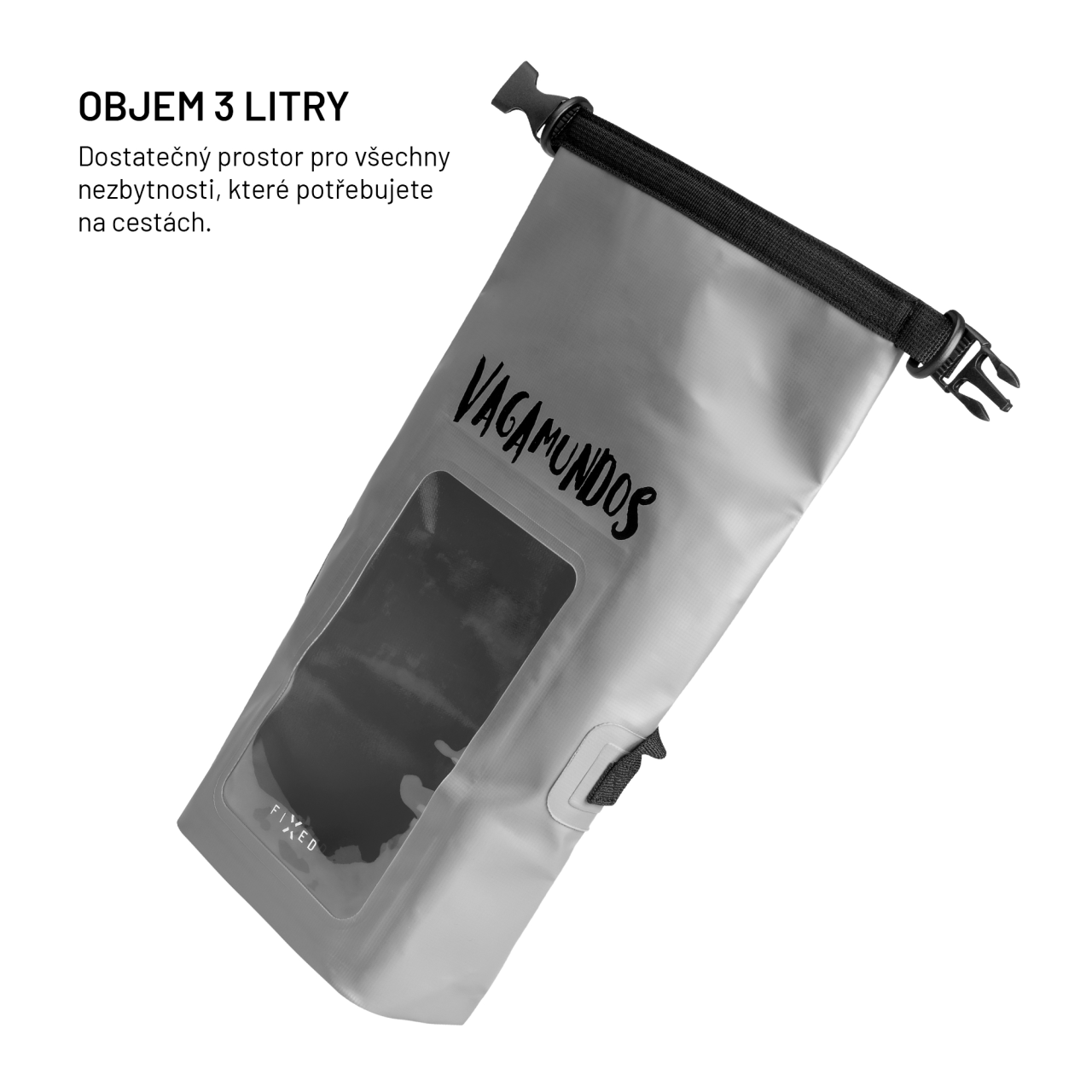 Voděodolný vak FIXED Float Bag s kapsou pro mobilní telefon 3L Vandrácký Speciál, šedý