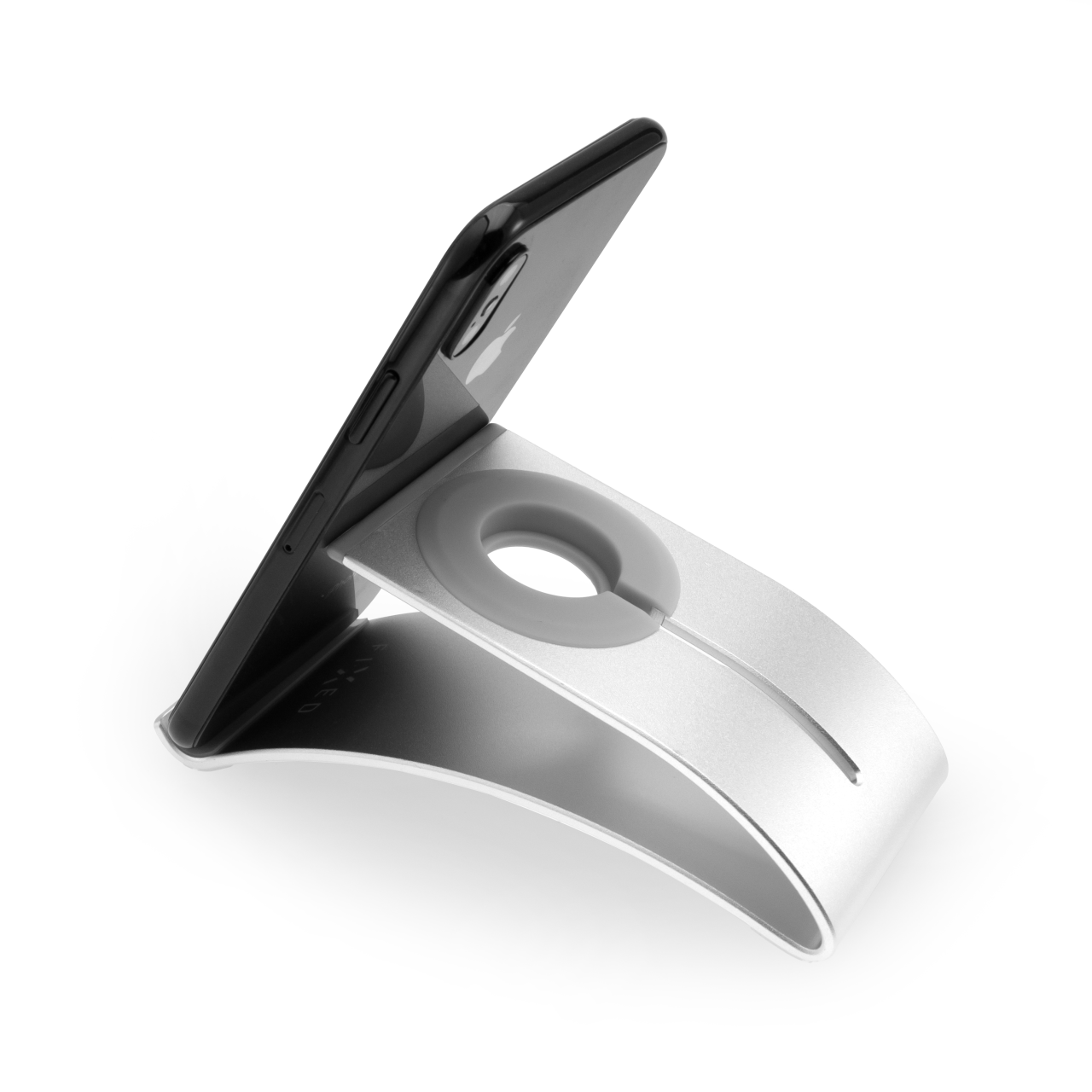 FIXED Hliníkový stojánek Frame Watch na stůl pro mobilní telefony, tablety a hodinky Apple Watch, stříbrný