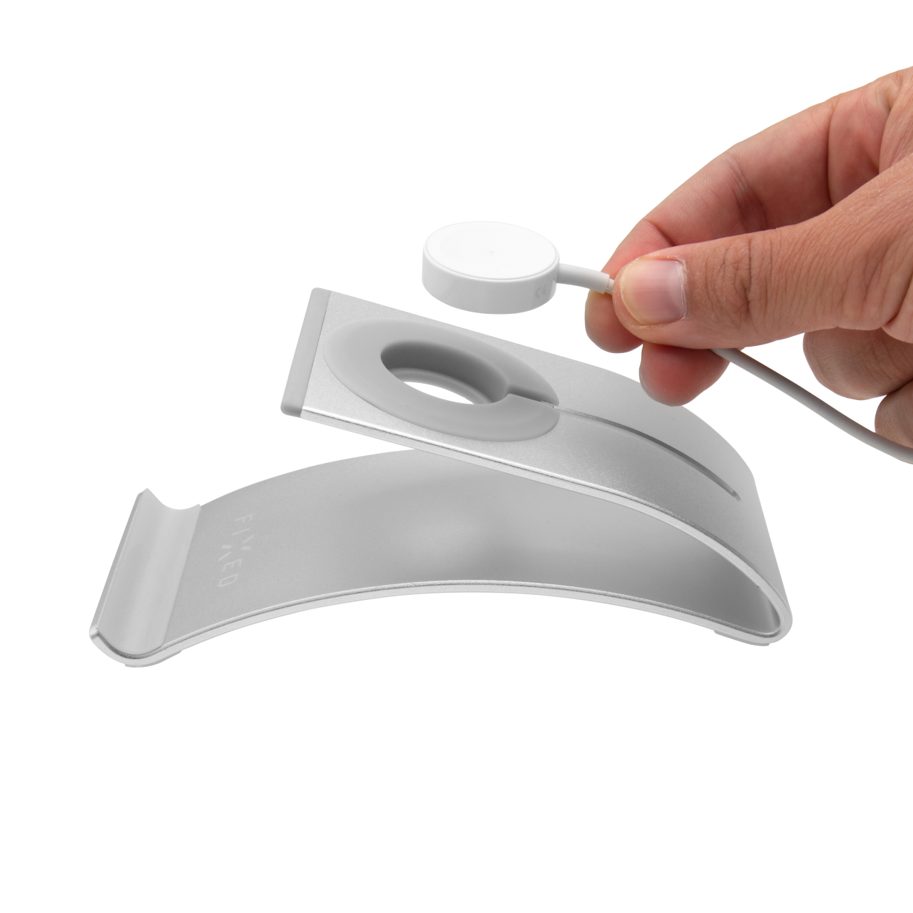 FIXED Hliníkový stojánek Frame Watch na stůl pro mobilní telefony, tablety a hodinky Apple Watch, stříbrný
