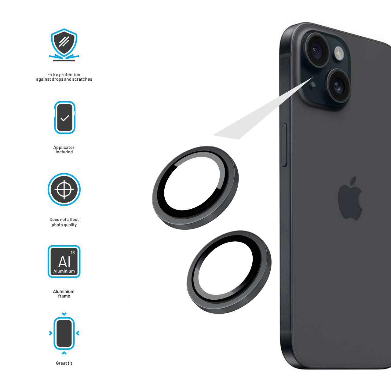 FIXED Ochranná skla čoček fotoaparátů Camera Glass pro Apple iPhone 15/15 Plus, space gray