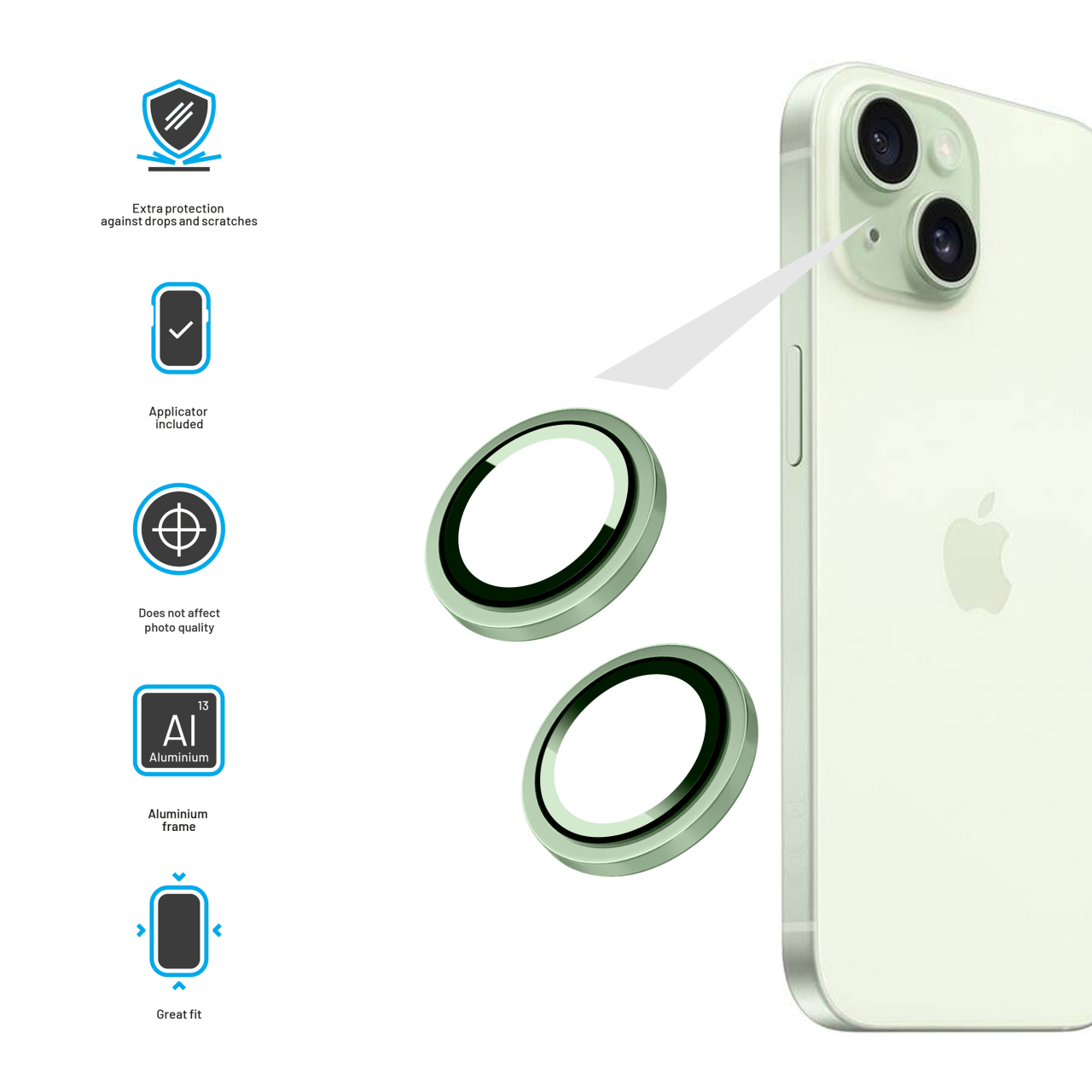 FIXED Ochranná skla čoček fotoaparátů Camera Glass pro Apple iPhone 15/15 Plus, světle zelená