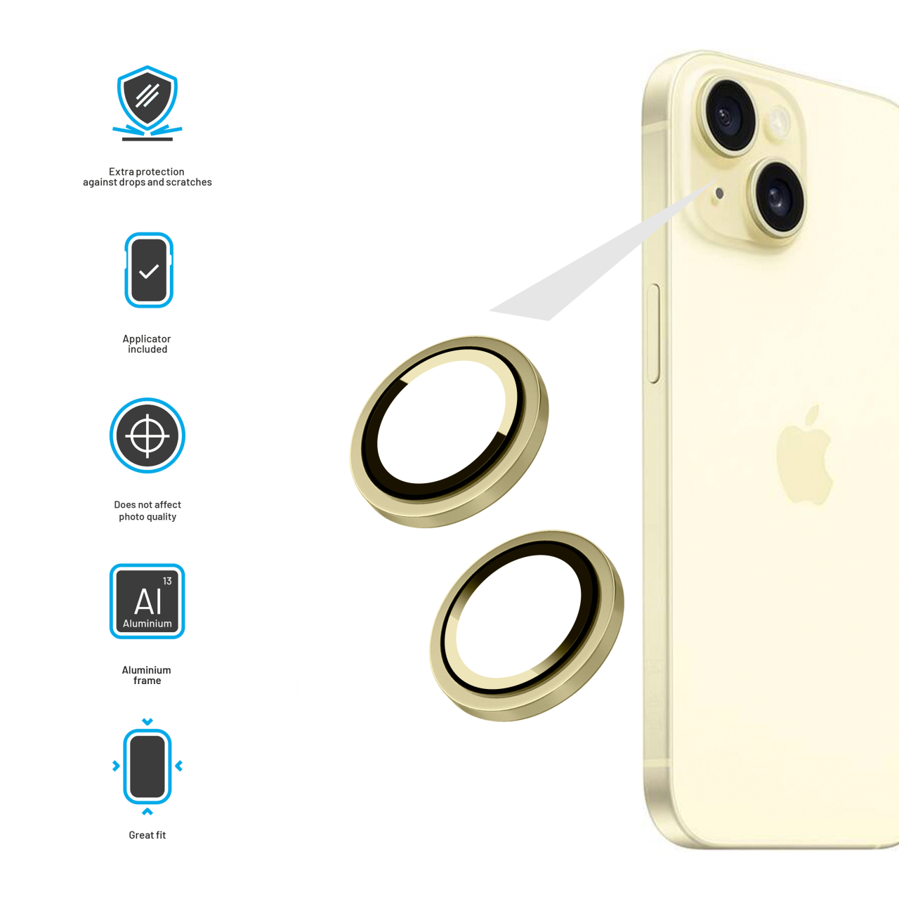 FIXED Ochranná skla čoček fotoaparátů Camera Glass pro Apple iPhone 15/15 Plus, žlutá