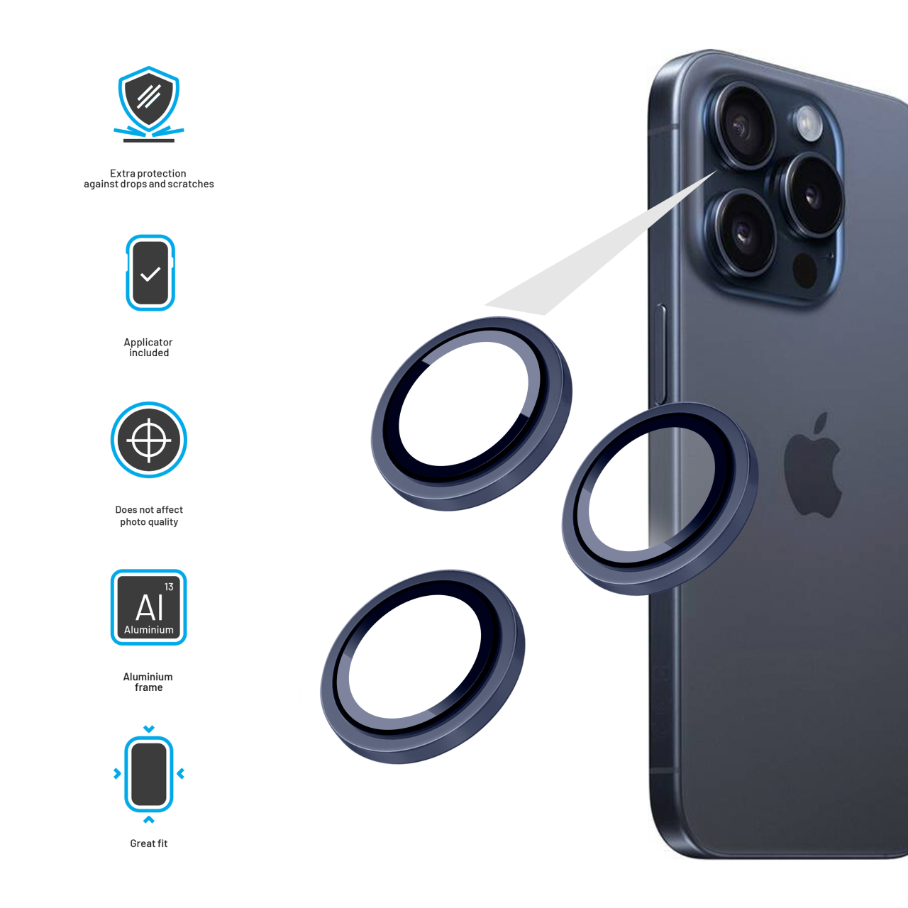 FIXED Ochranná skla čoček fotoaparátů Camera Glass pro Apple iPhone 15 Pro/15 Pro Max, tmavě modrá
