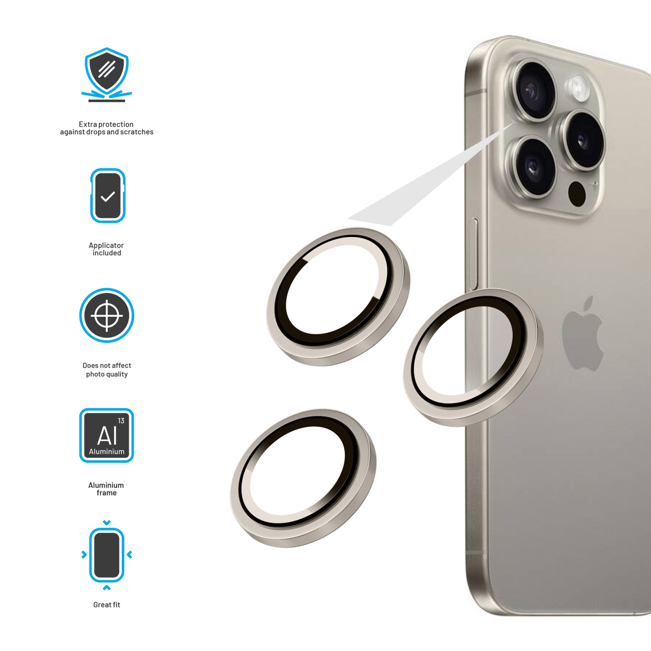 FIXED Ochranná skla čoček fotoaparátů Camera Glass pro Apple iPhone 15 Pro/15 Pro Max, přírodní titan