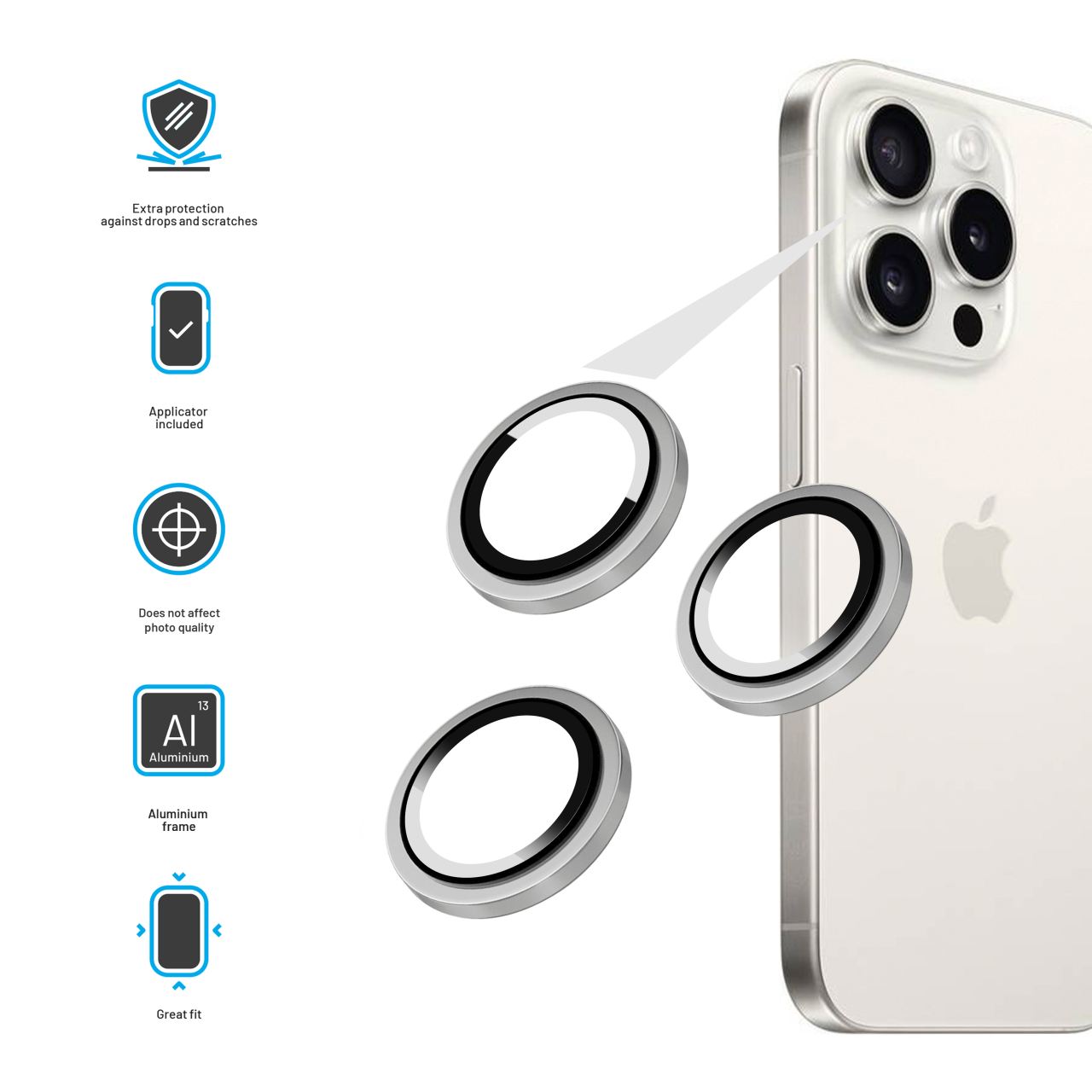 FIXED Ochranná skla čoček fotoaparátů Camera Glass pro Apple iPhone 15 Pro/15 Pro Max, stříbrná