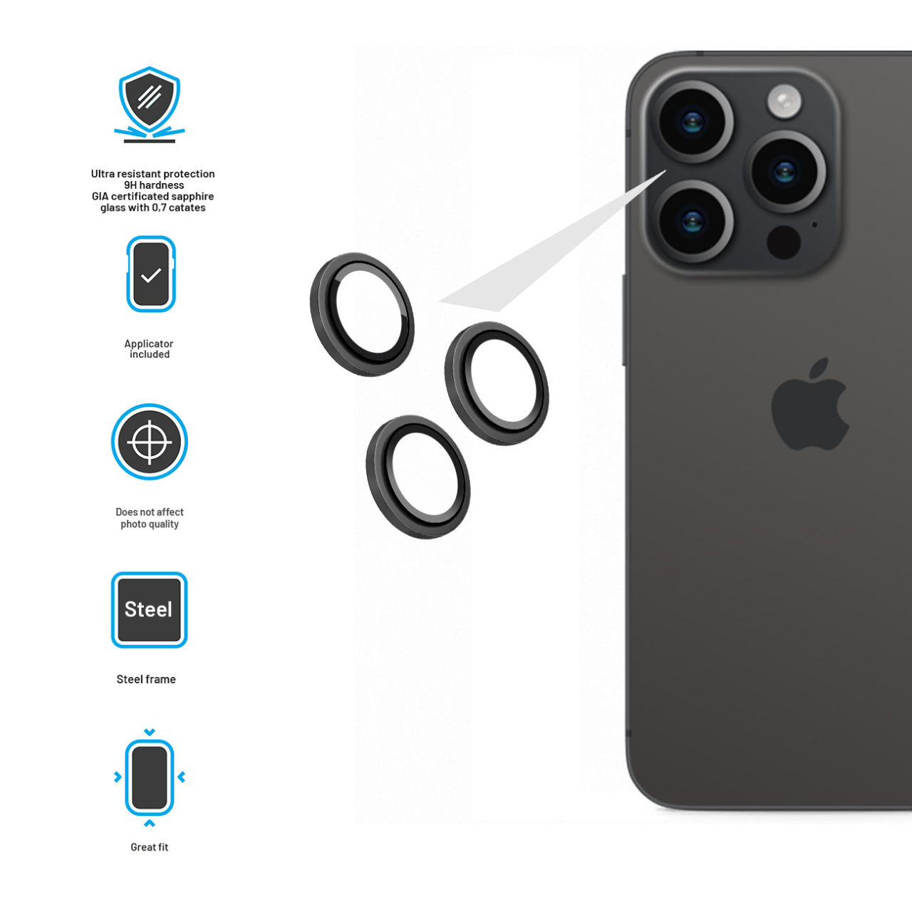 FIXED Safírová ochrana čoček fotoaparátů Sapphire Camera Glass pro Apple iPhone 15 Pro/15 Pro Max, černá