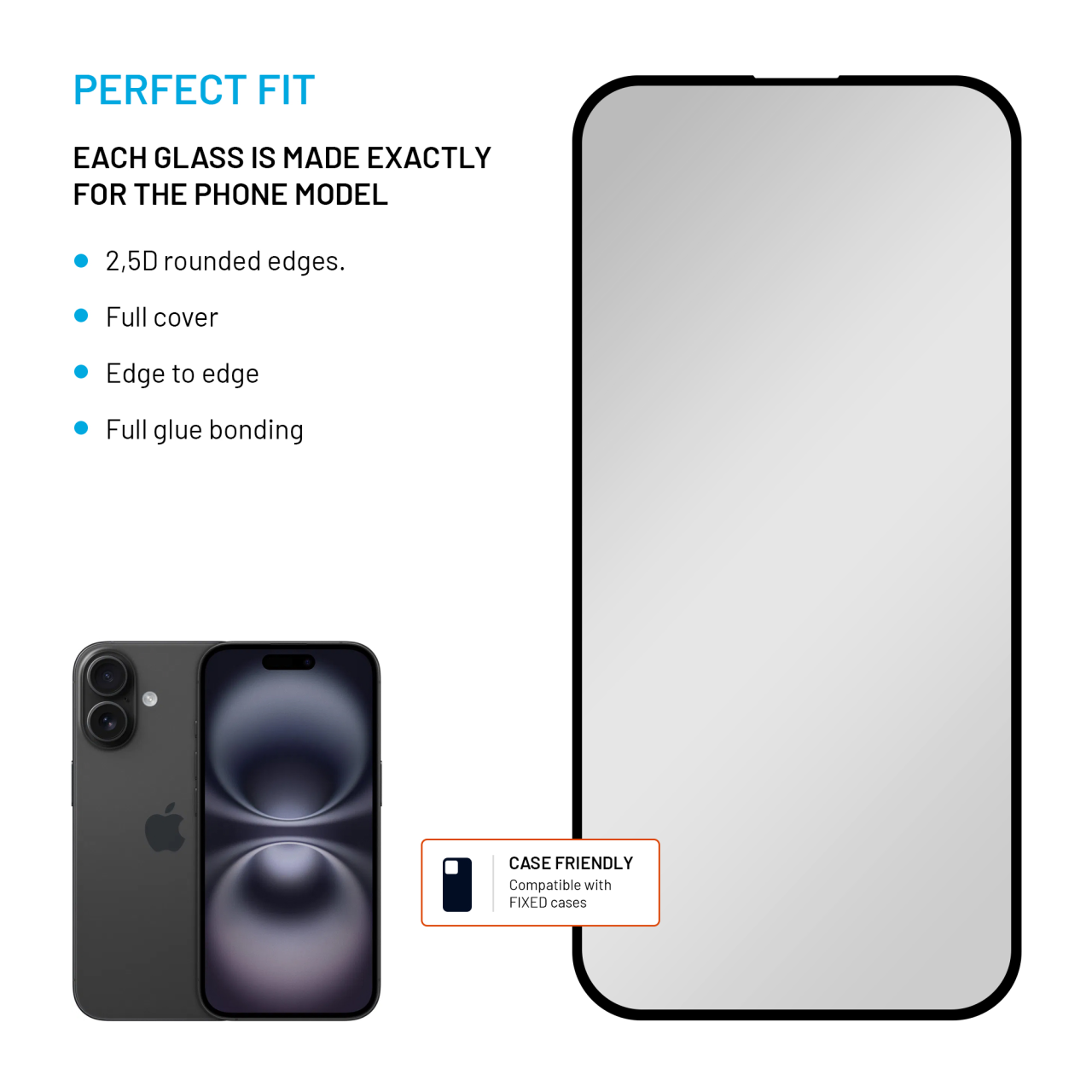 FIXED Ochranné tvrzené sklo Privacy Full-Cover pro Apple iPhone 16, lepení přes celý displej, černé