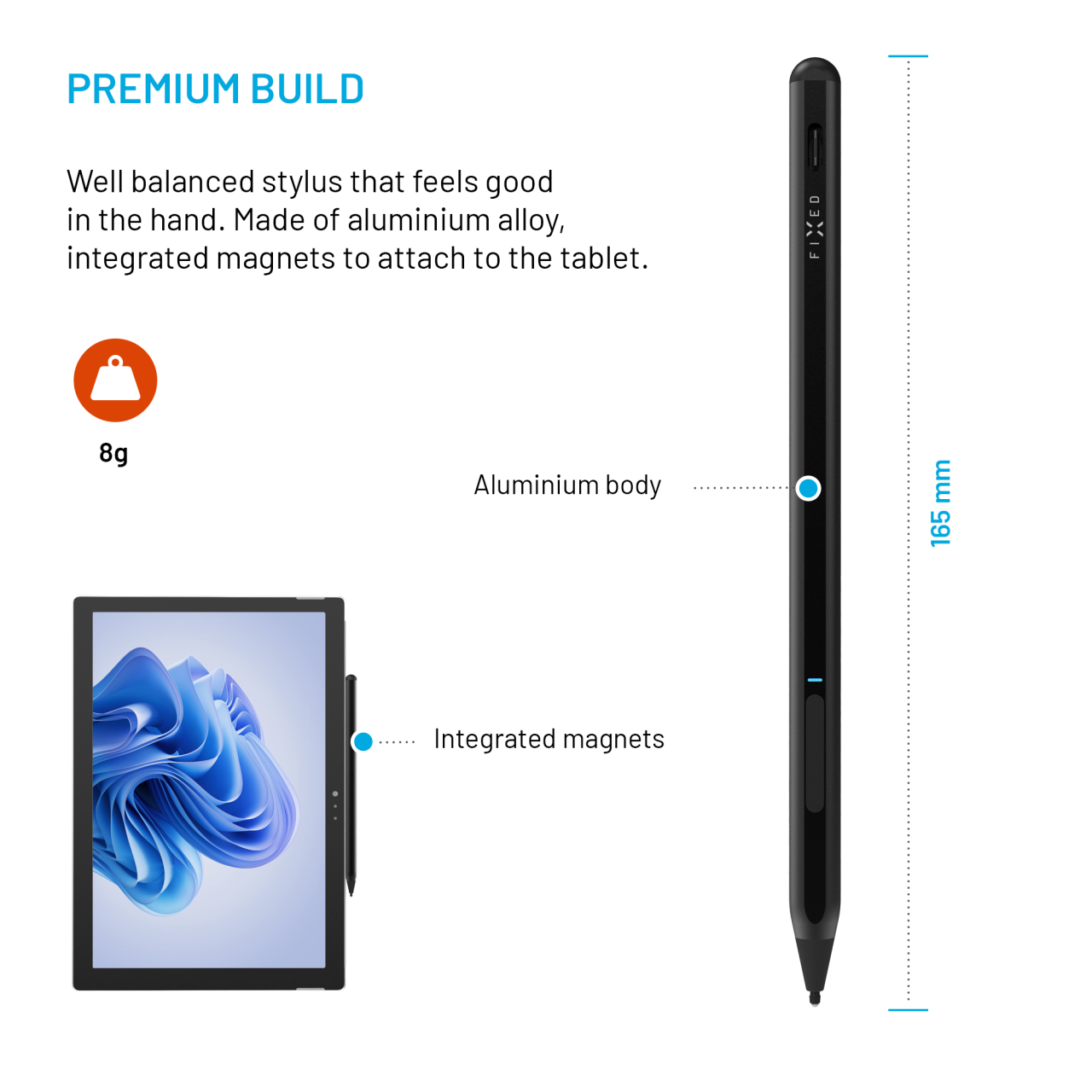 FIXED Dotykové pero pro MPP 2.0 Graphite Active s dvojitým tlačítkem, rozpoznáním přítlaku a magnety, černé