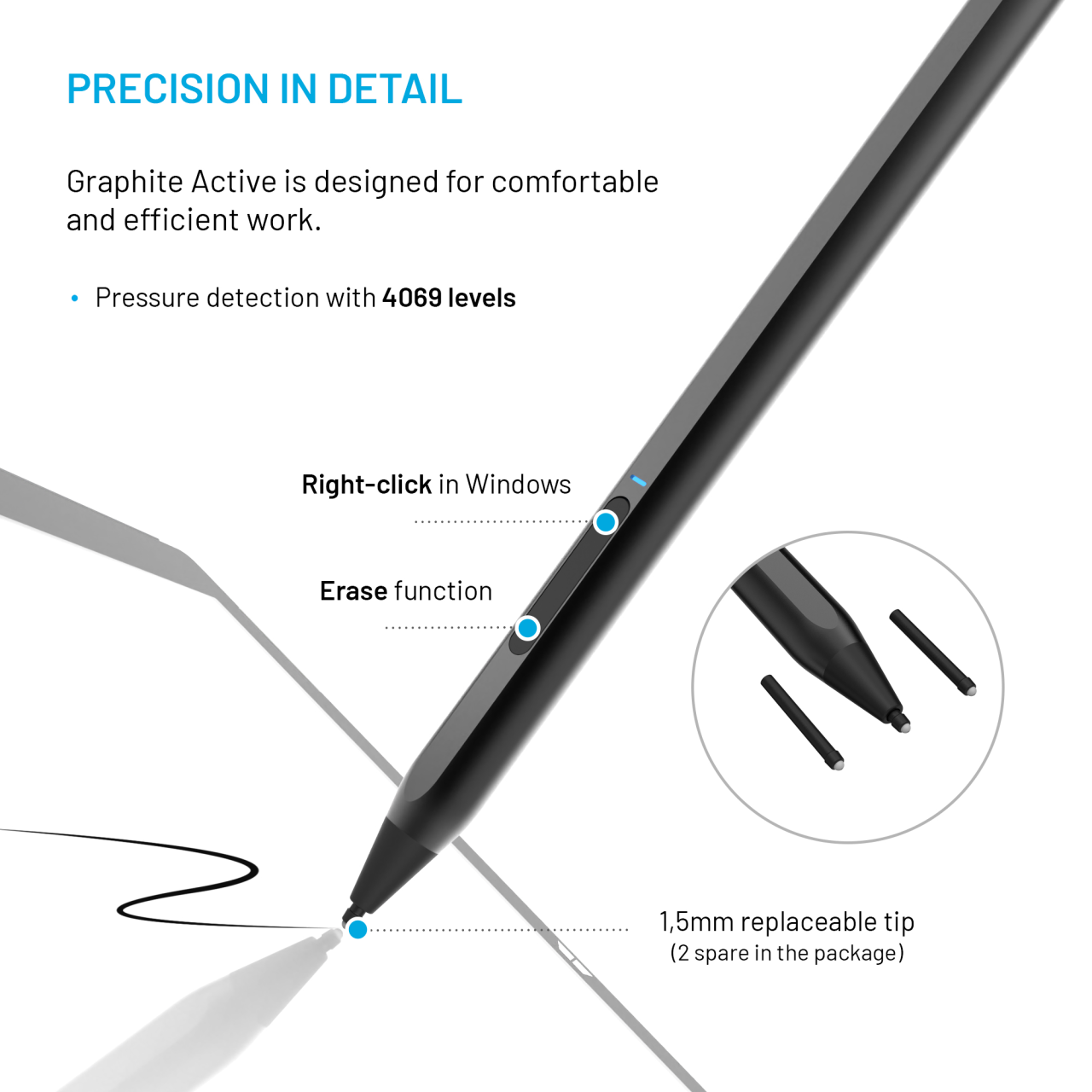FIXED Dotykové pero pro MPP 2.0 Graphite Active s dvojitým tlačítkem, rozpoznáním přítlaku a magnety, černé