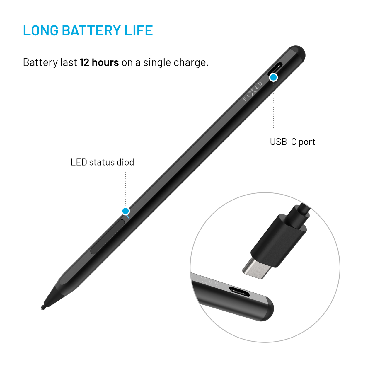FIXED Dotykové pero pro MPP 2.0 Graphite Active s dvojitým tlačítkem, rozpoznáním přítlaku a magnety, černé
