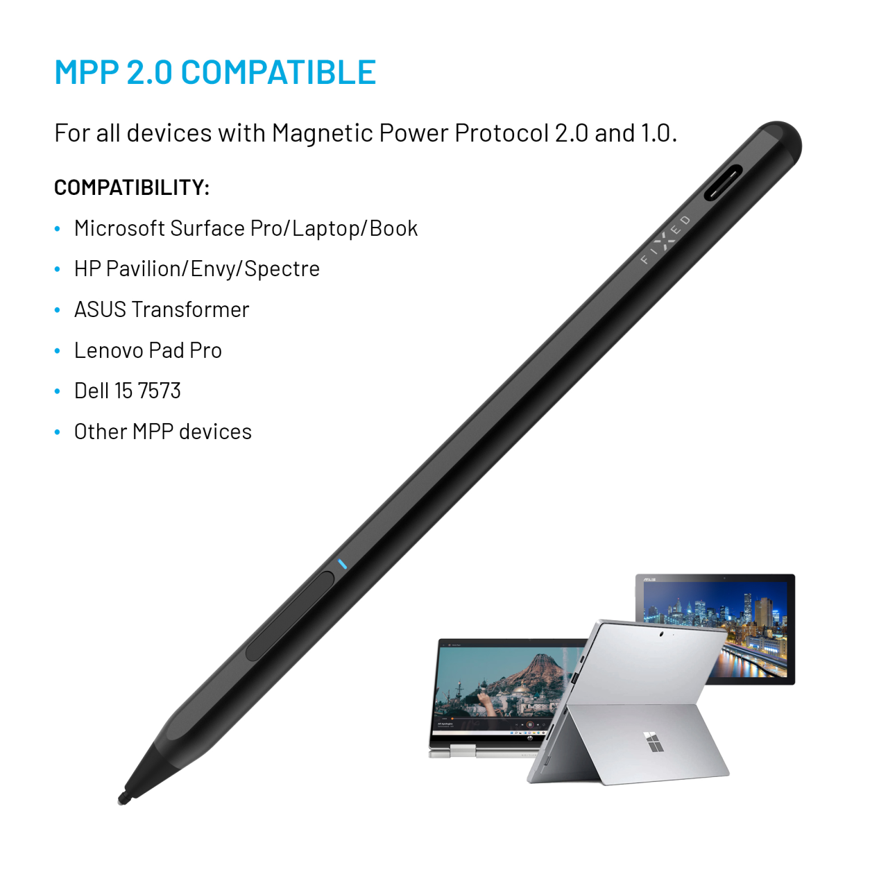 FIXED Dotykové pero pro MPP 2.0 Graphite Active s dvojitým tlačítkem, rozpoznáním přítlaku a magnety, černé