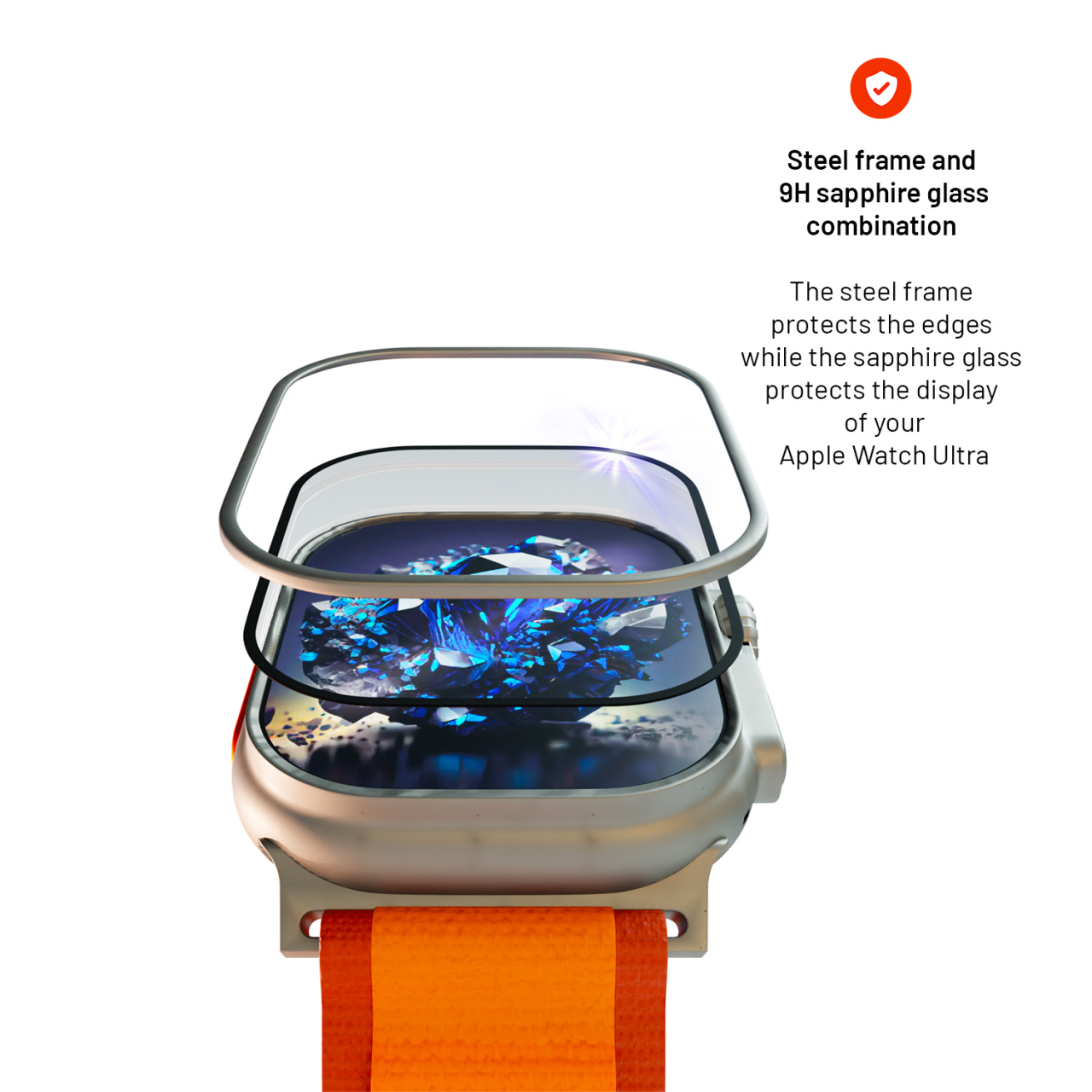 Safírová ochrana displeje pro Apple Watch Ultra s ocelovým rámečkem