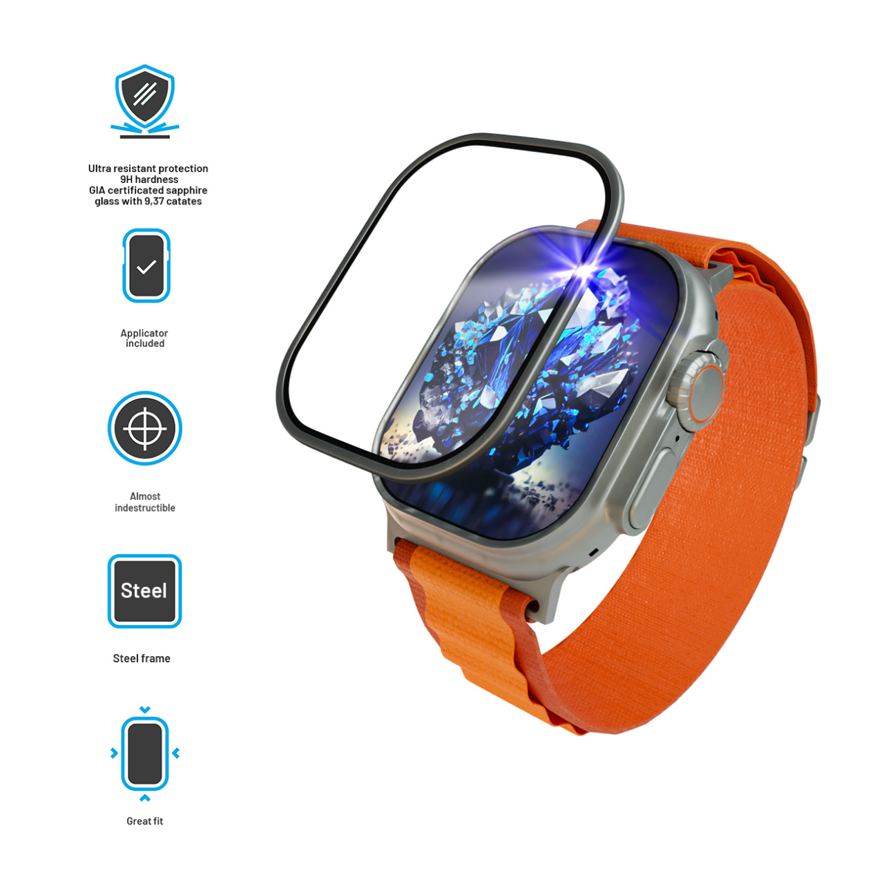 Safírová ochrana displeje pro Apple Watch Ultra s ocelovým rámečkem