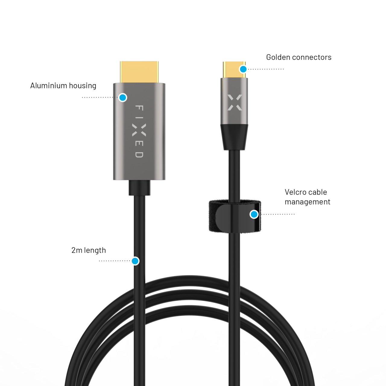 FIXED Video kabel s konektory USB-C/HDMI, USB-C 3.1 Gen 2 18Gbps, HDMI 2.0 4K60Hz, 2m, šedý