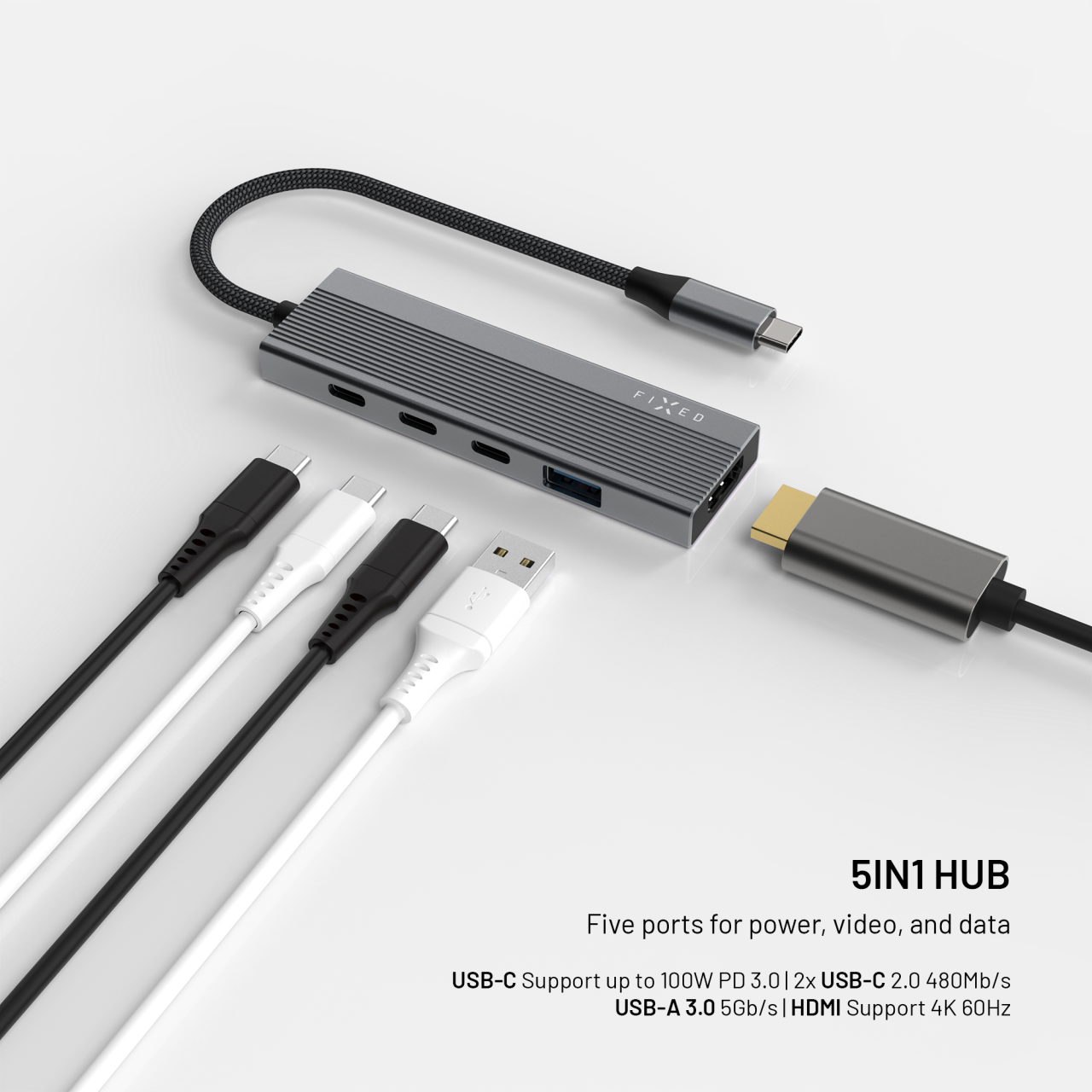 5-portový hliníkový USB-C FIXED HUB Core, pro notebooky a tablety , 100W, PD 3.0, space gray