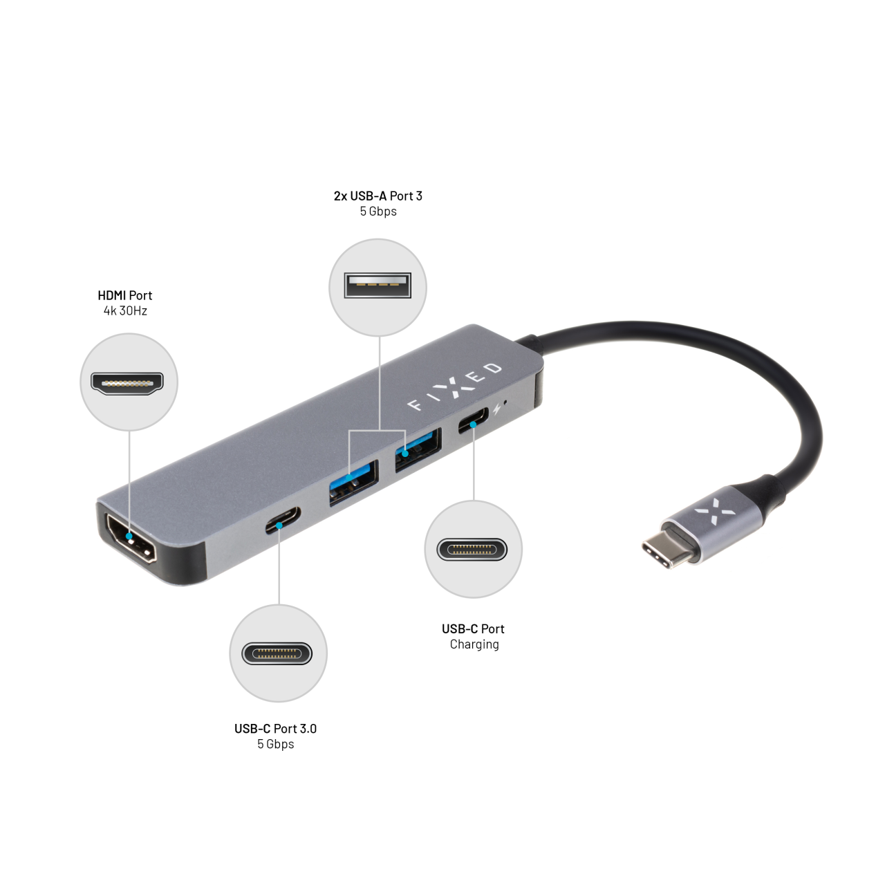 FIXED 5-portový hliníkový USB-C HUB Mini pro notebooky a tablety, šedý