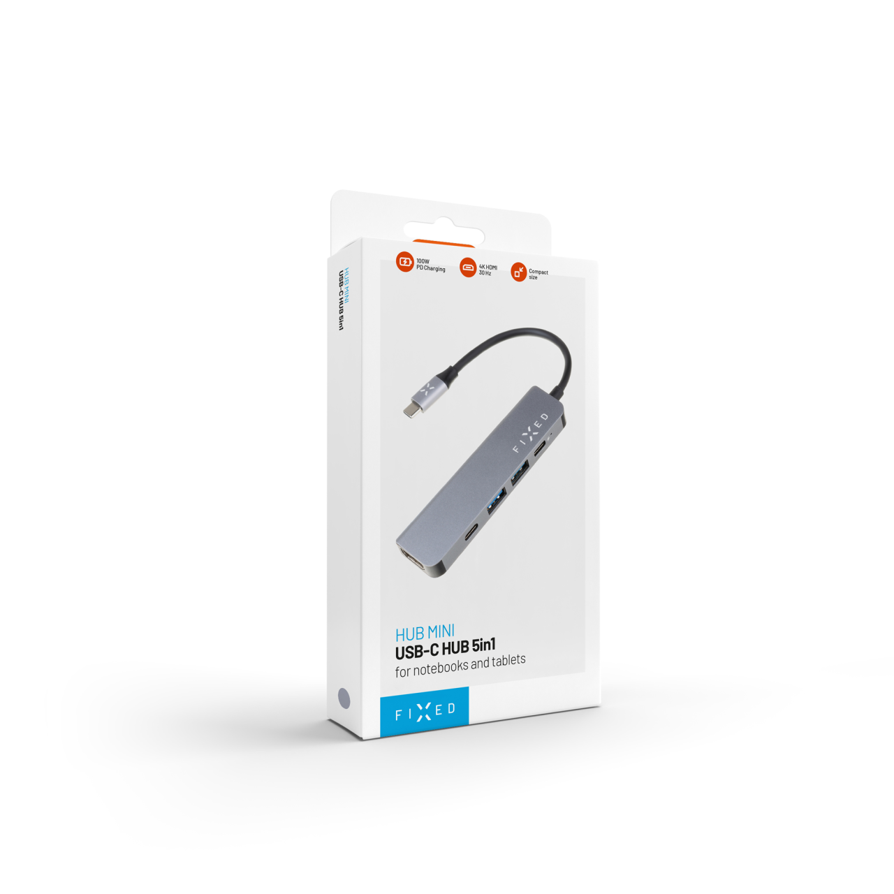 FIXED 5-portový hliníkový USB-C HUB Mini pro notebooky a tablety, šedý