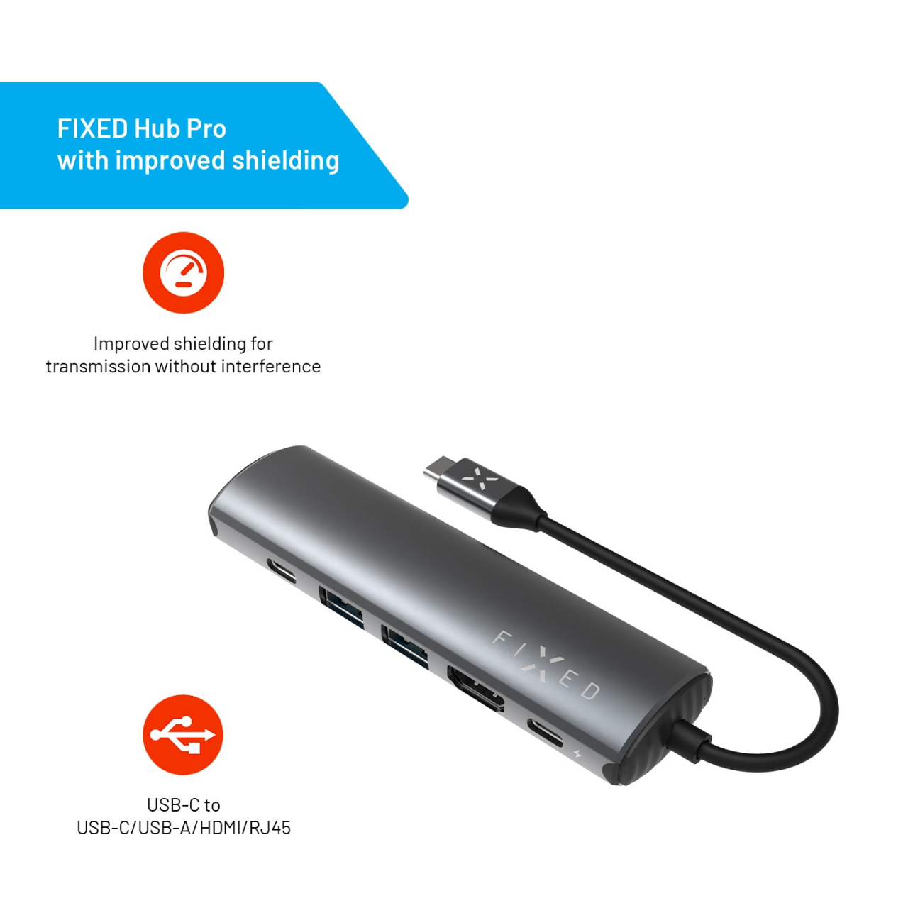 FIXED 6-portový hliníkový USB-C HUB Pro, pro notebooky a tablety, šedý