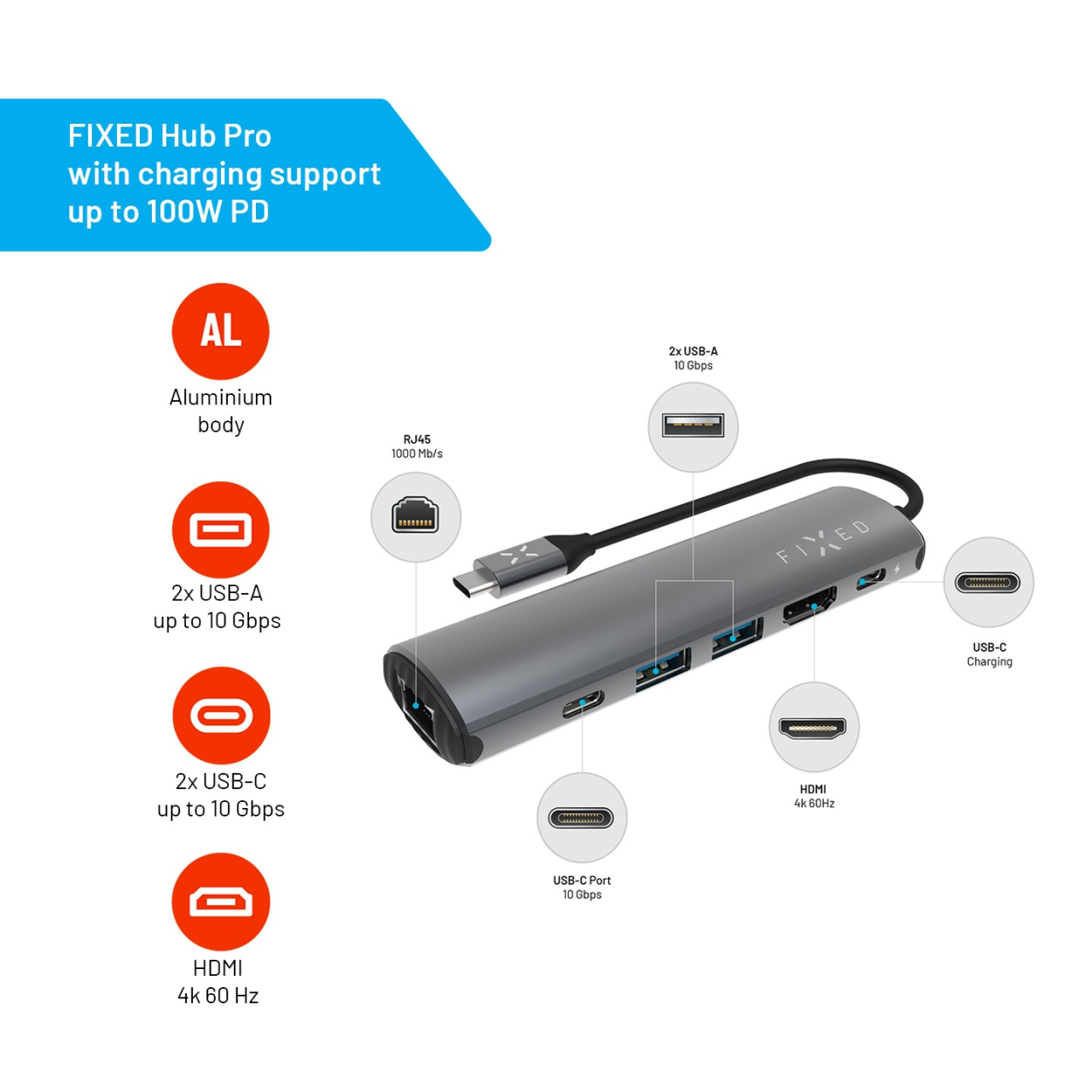 FIXED 6-portový hliníkový USB-C HUB Pro, pro notebooky a tablety, šedý