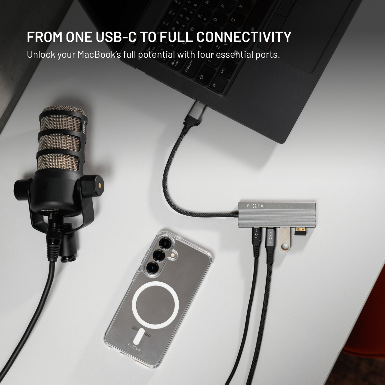 4-portový hliníkový USB-C FIXED HUB Port s USB-A adaptérem, space gray