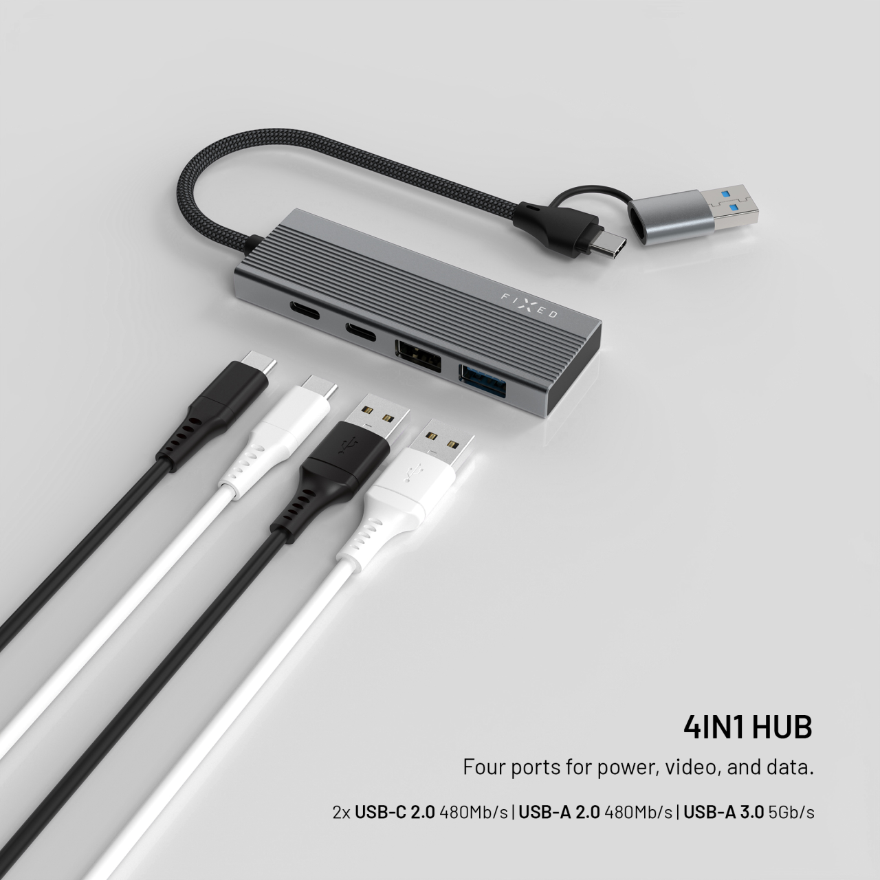4-portový hliníkový USB-C FIXED HUB Port s USB-A adaptérem, space gray