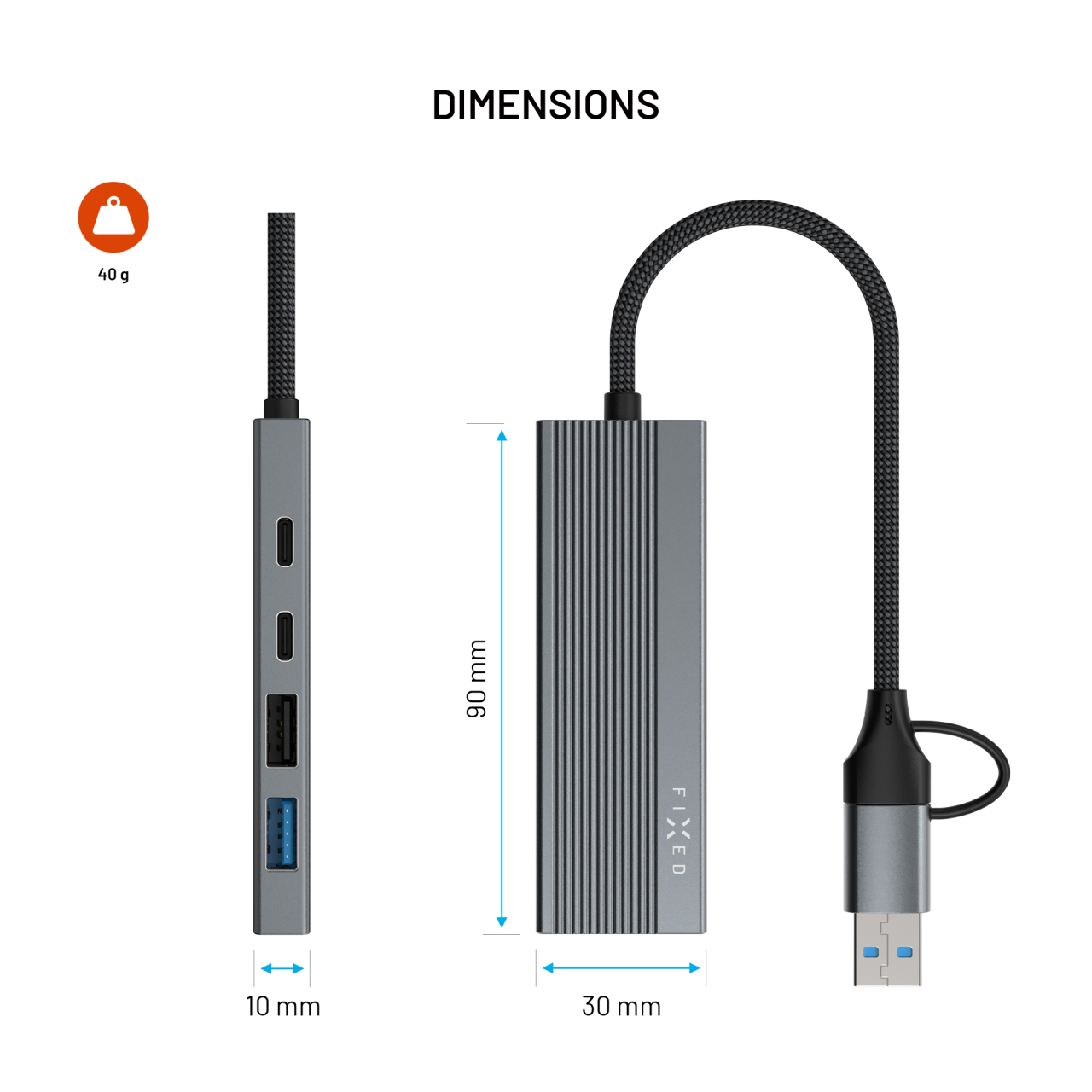 4-portový hliníkový USB-C FIXED HUB Port s USB-A adaptérem, space gray