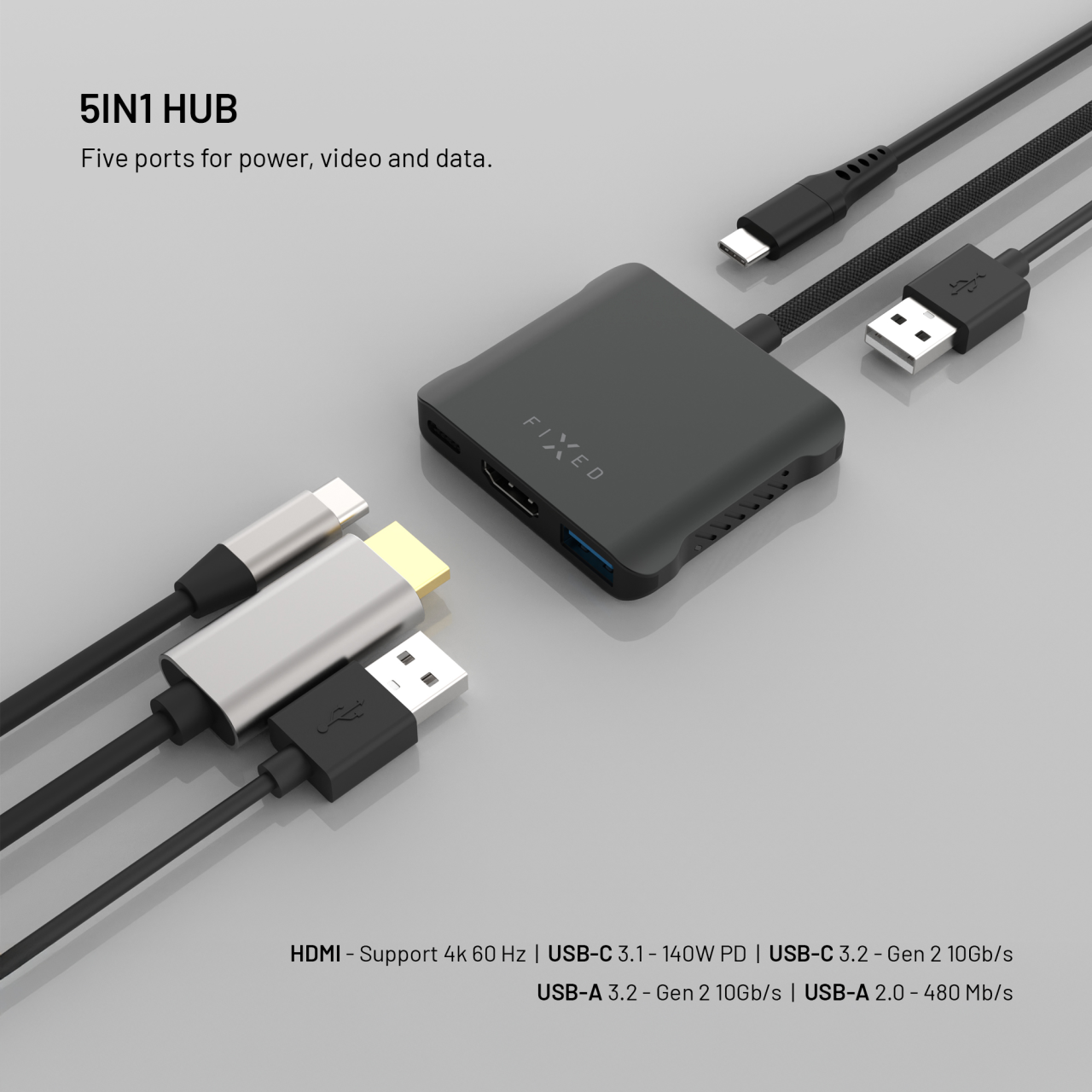 5-portový hliníkový USB-C FIXED HUB Quadri, pro notebooky, 140W, PD 3.1, vesmírně černá