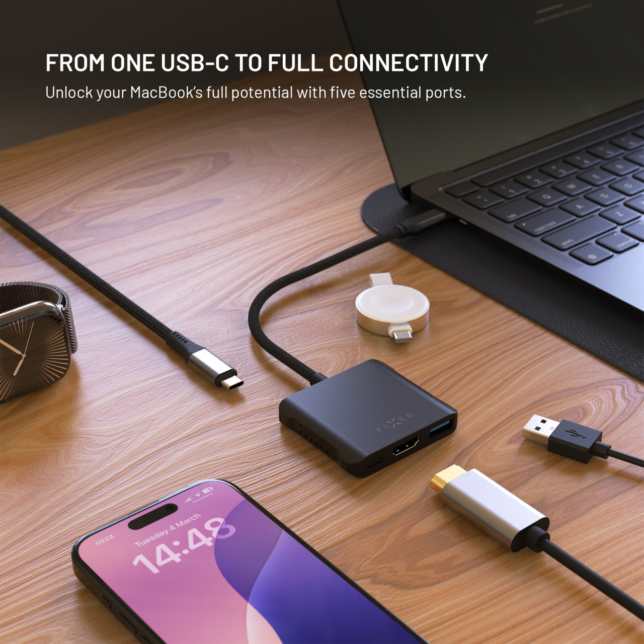 5-portový hliníkový USB-C FIXED HUB Quadri, pro notebooky, 140W, PD 3.1, vesmírně černá