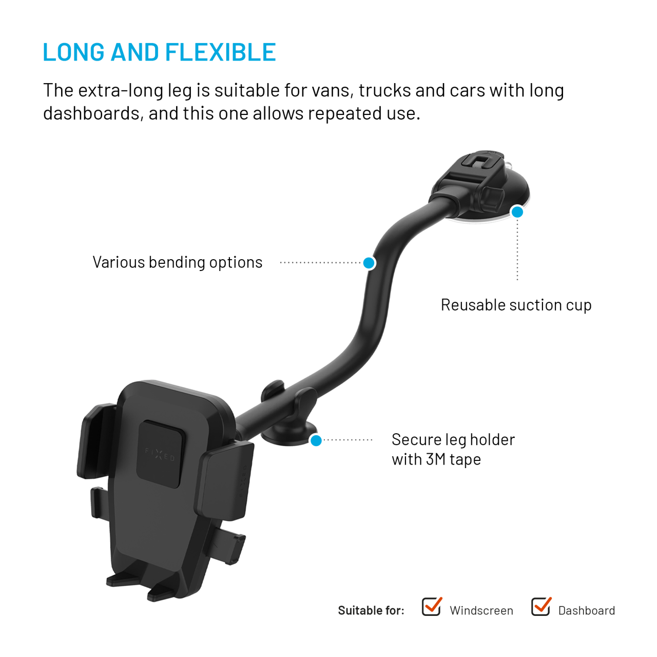FIXED Univerzální držák do auta Iconiq Flex XL s flexibilní ohebnou nohou na sklo nebo na palubní desku, černý