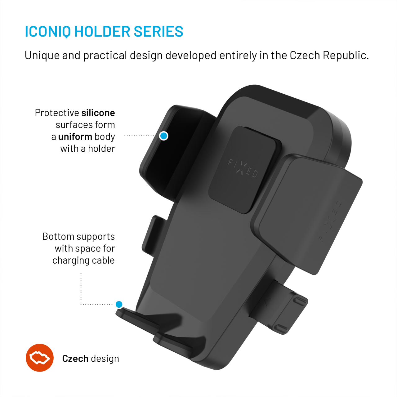 FIXED Univerzální držák do auta Iconiq Flex XL s flexibilní ohebnou nohou na sklo nebo na palubní desku, černý
