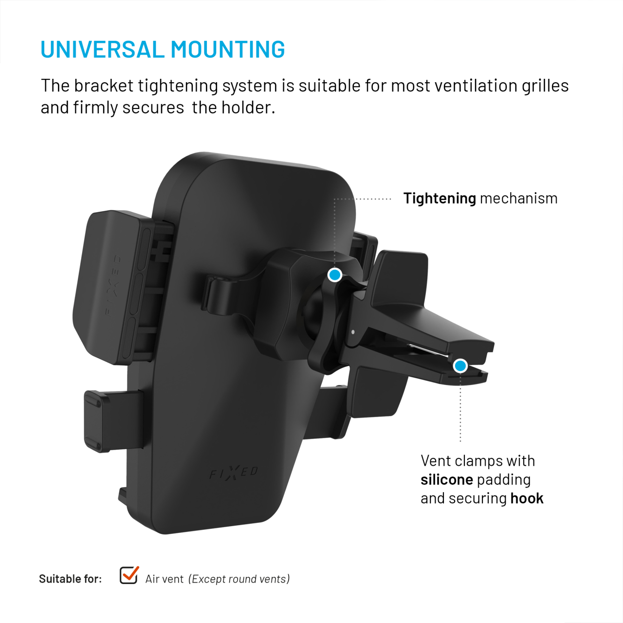 FIXED Univerzální držák do auta Iconiq Vent s úchytem na ventilační mřížku, černý