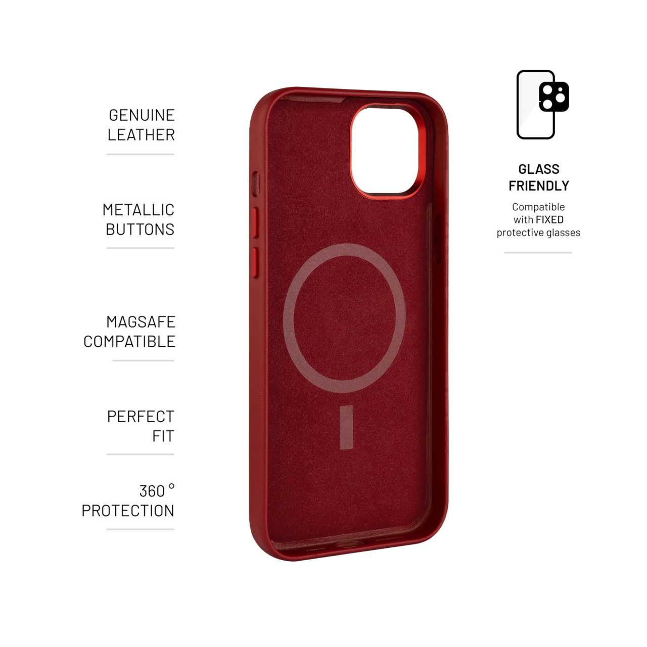 FIXED Kožený zadní kryt MagLeather s podporou Magsafe pro Apple iPhone 15, červený
