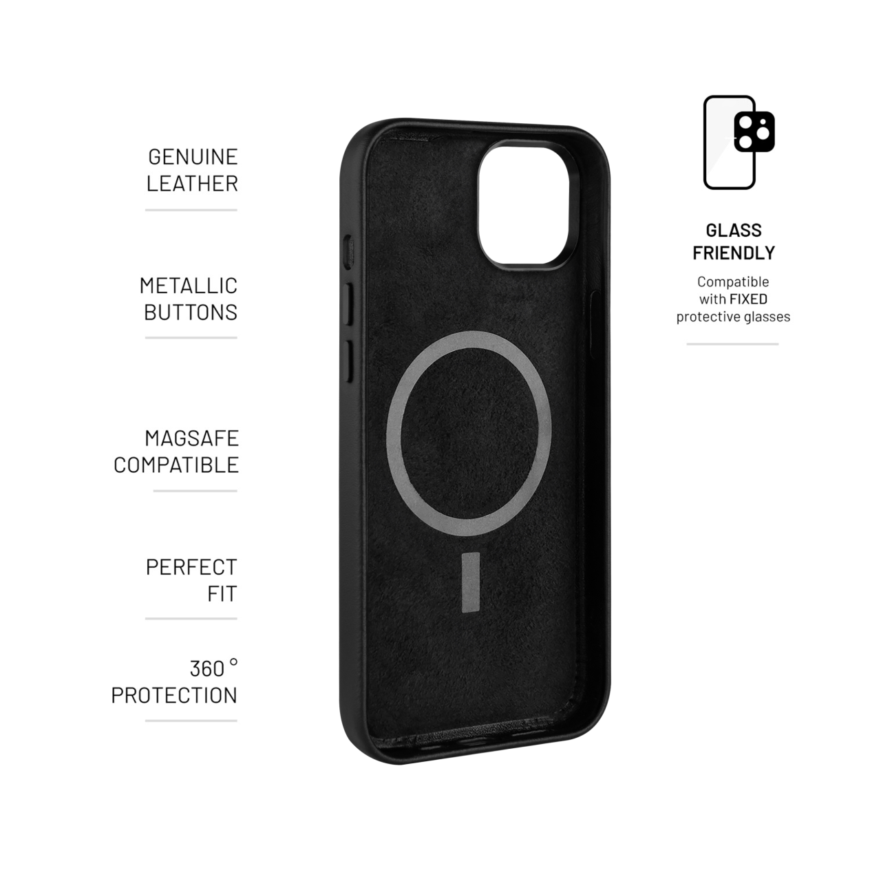 FIXED Kožený zadní kryt MagLeather s podporou MagSafe pro Apple iPhone 15 Plus, černý