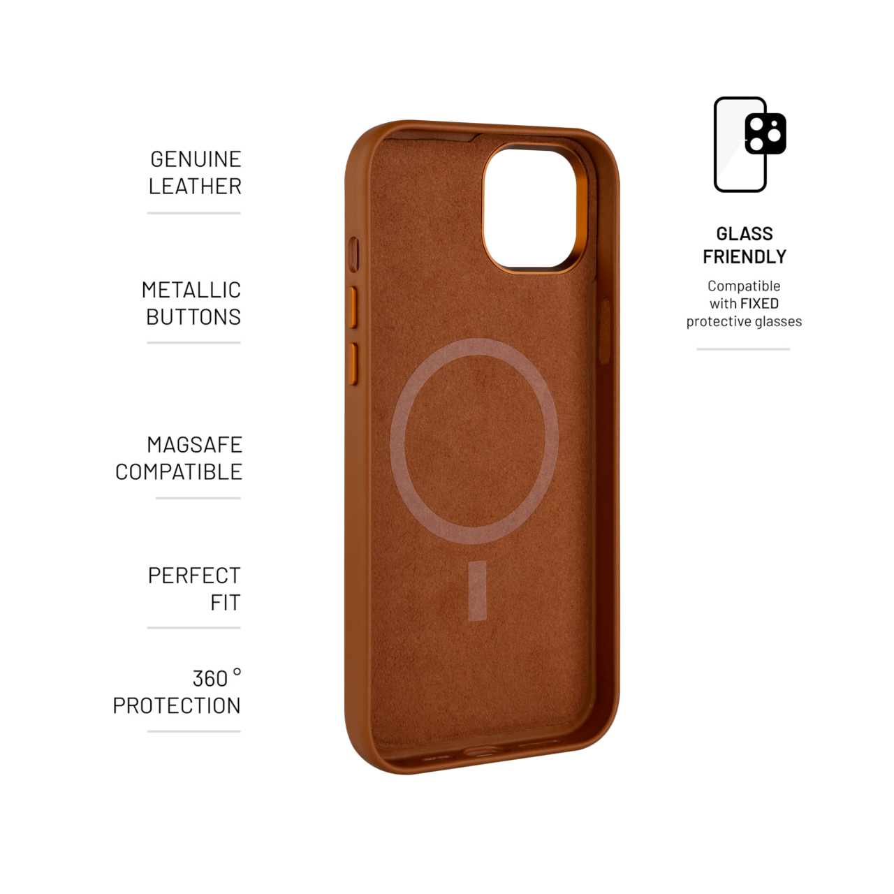 FIXED Kožený zadní kryt MagLeather s podporou MagSafe pro Apple iPhone 15 Plus, hnědý