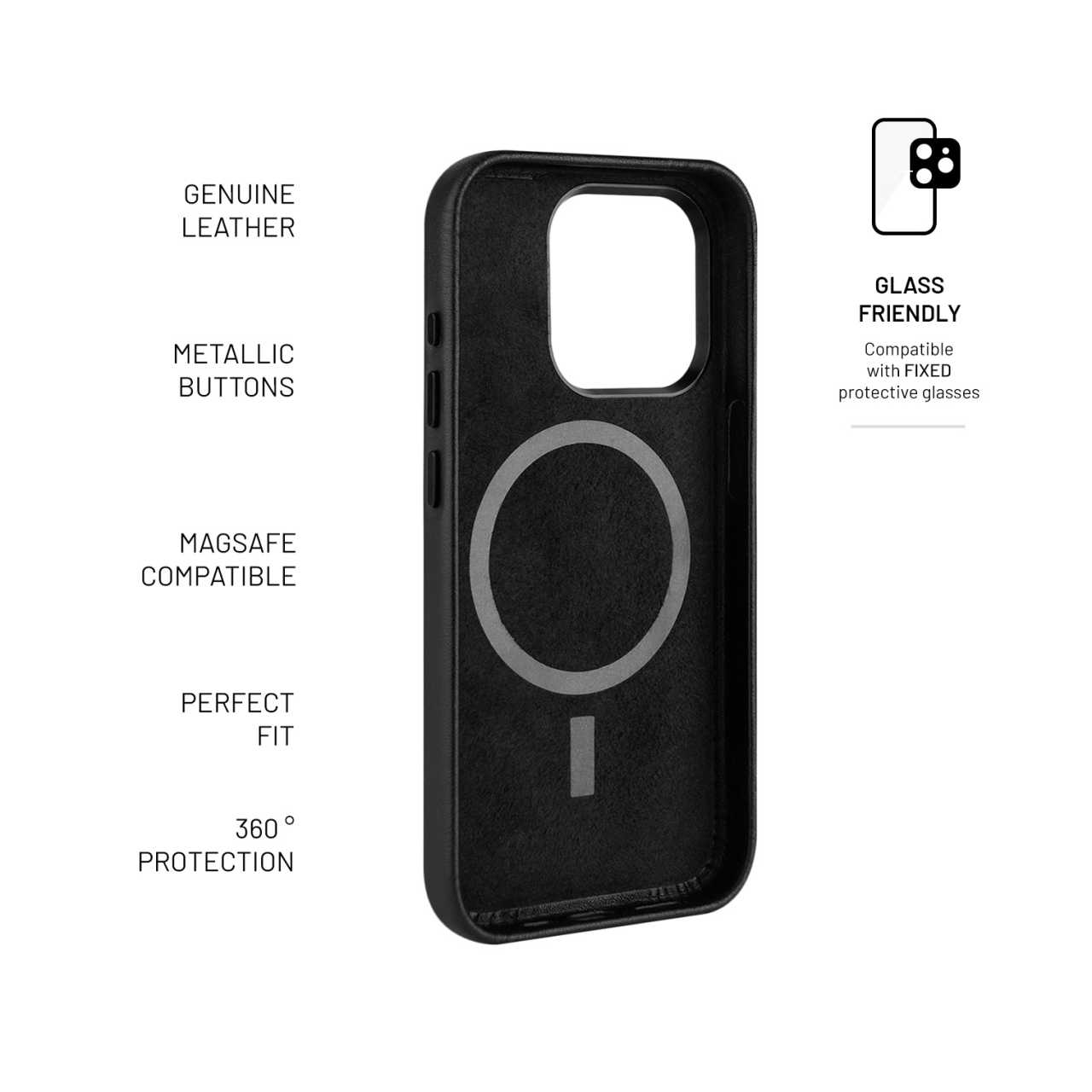FIXED Kožený zadní kryt MagLeather s podporou MagSafe pro Apple iPhone 15 Pro Max, černý