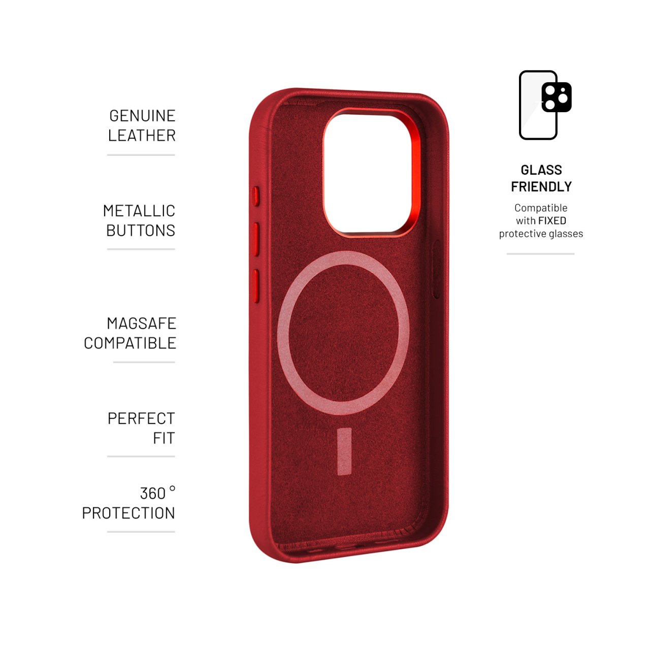 FIXED Kožený zadní kryt MagLeather s podporou MagSafe pro Apple iPhone 15 Pro Max, červený