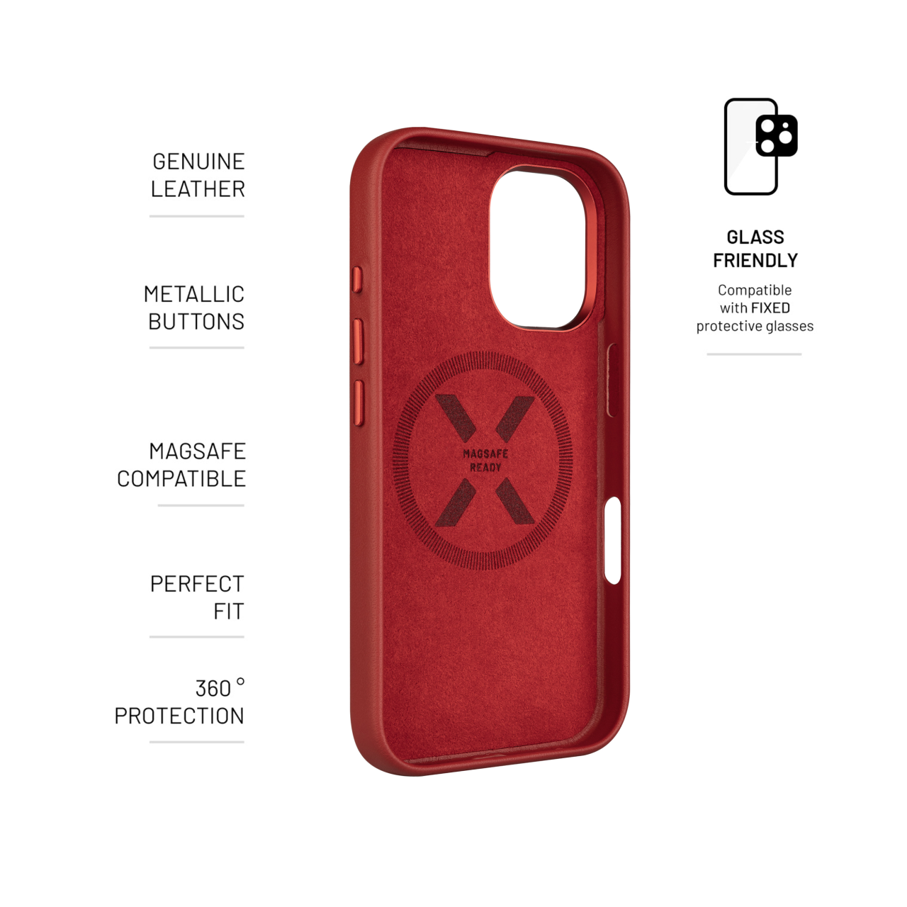 FIXED Kožený zadní kryt MagLeather s podporou MagSafe pro Apple iPhone 16, červený