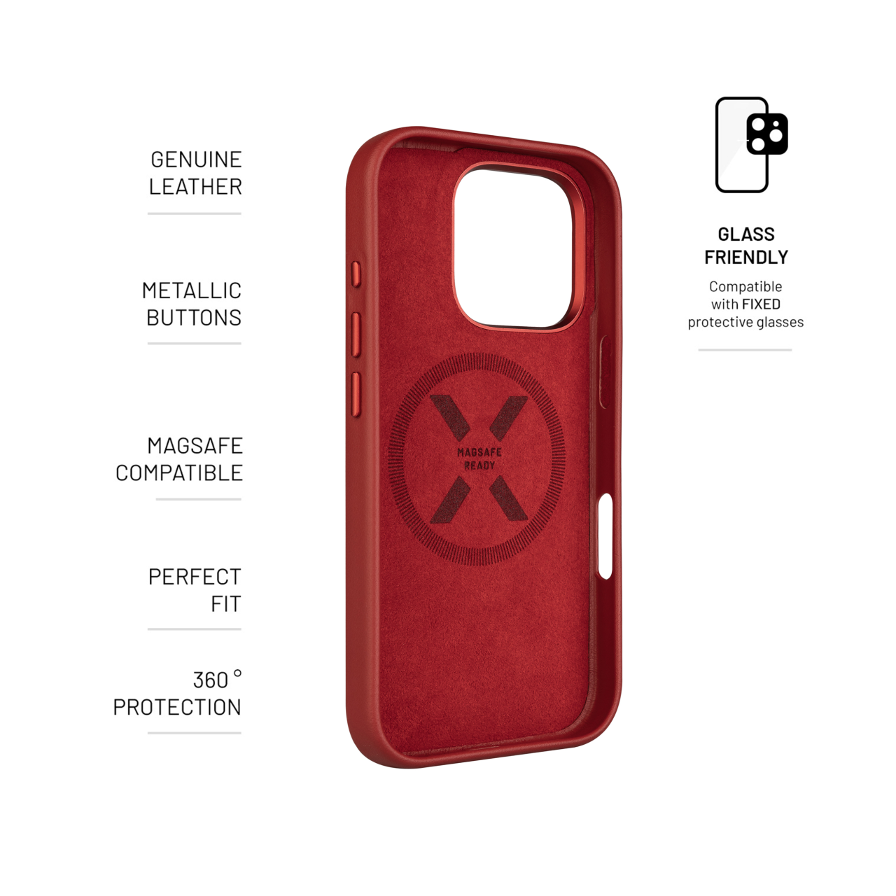 FIXED Kožený zadní kryt MagLeather s podporou MagSafe pro Apple iPhone 16 Pro, červený