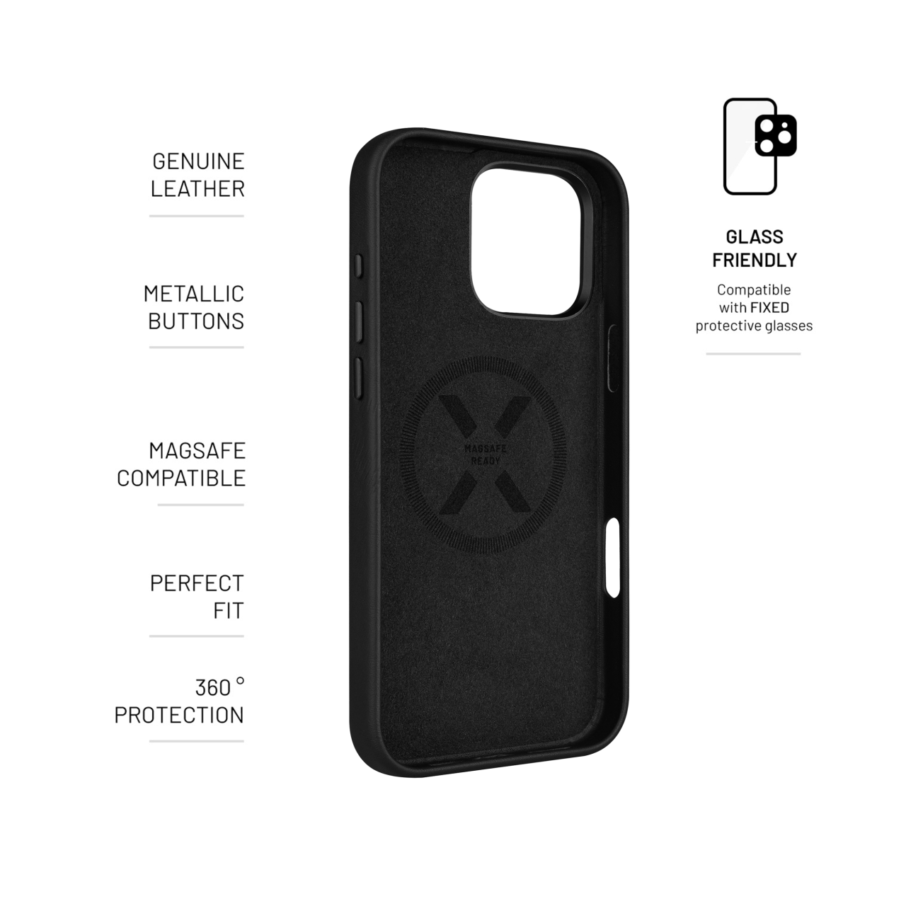 FIXED Kožený zadní kryt MagLeather s podporou MagSafe pro Apple iPhone 16 Pro Max, černý